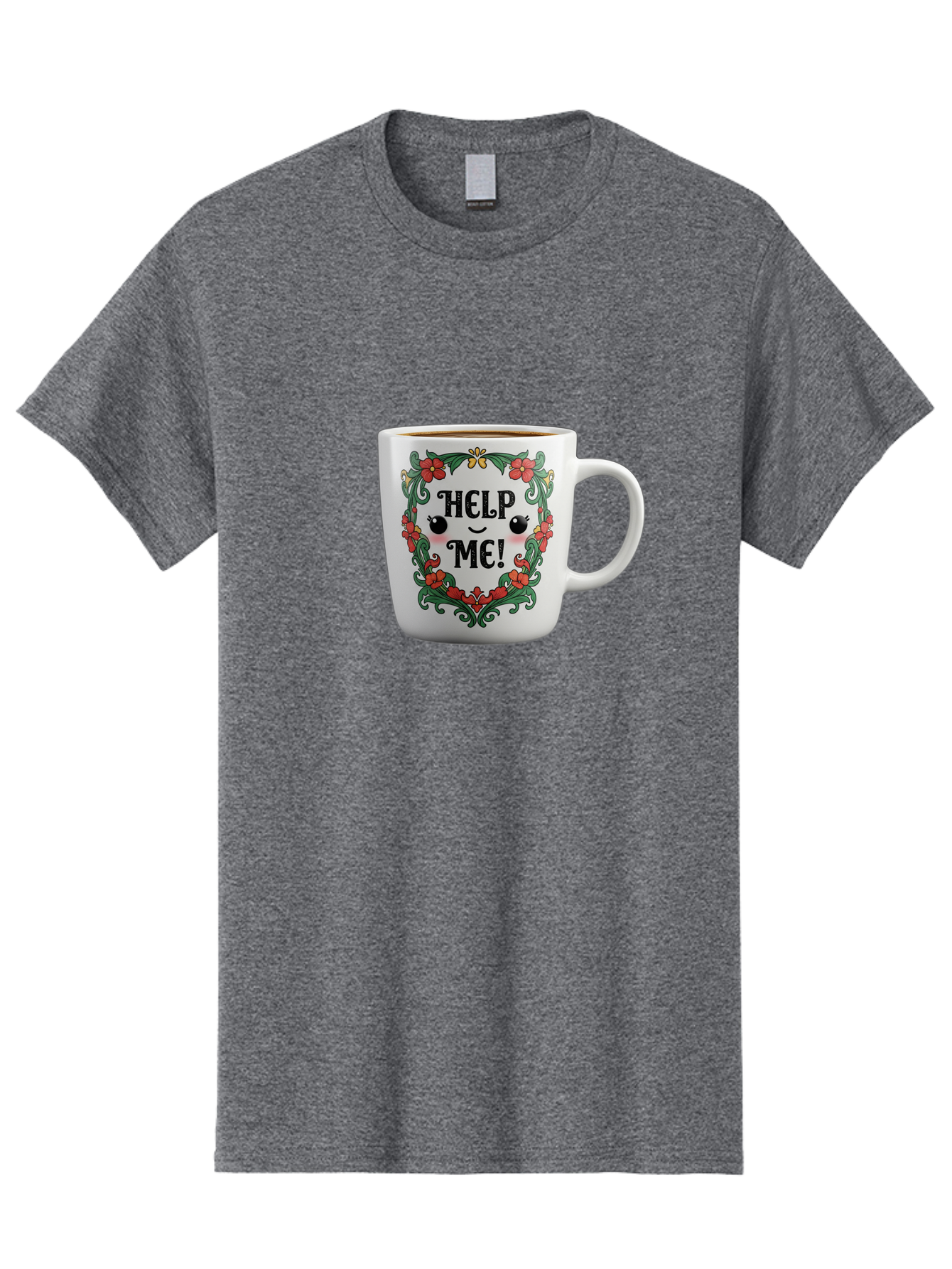 Help-Me-13 Men'S Graphic Tee, 100% Cotton, Comfortable Casual Summer Wear, Machine Washable, Funny Coffee Mug, Quirky Design, Distressed Humor, Floral Wreath, Cute Face, Humorous Quote, Playful Design, Novelty Mug, Coffee Lover Gift Bac039