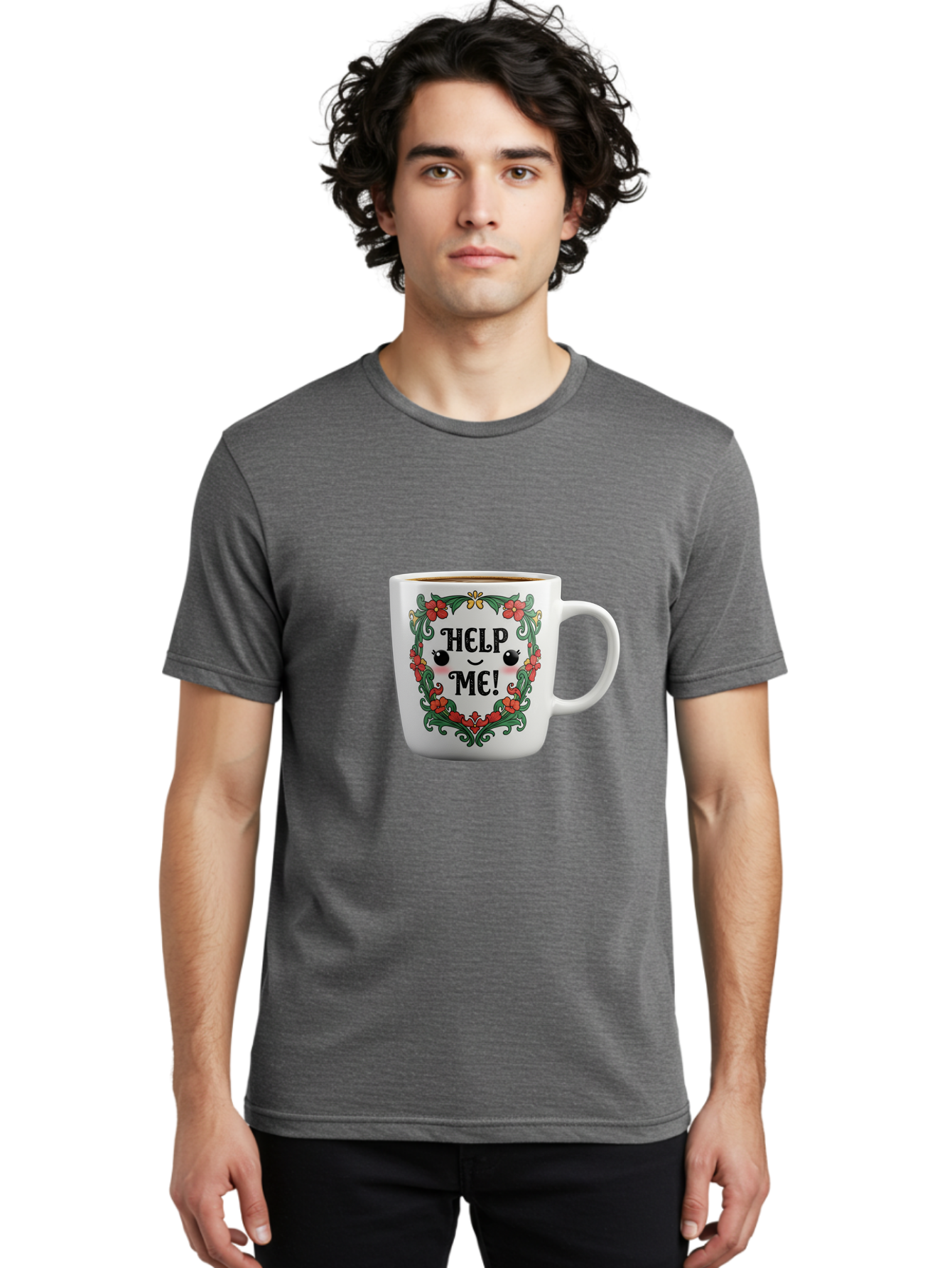 Help-Me-13 Men'S Graphic Tee, 100% Cotton, Comfortable Casual Summer Wear, Machine Washable, Funny Coffee Mug, Quirky Design, Distressed Humor, Floral Wreath, Cute Face, Humorous Quote, Playful Design, Novelty Mug, Coffee Lover Gift Bac039