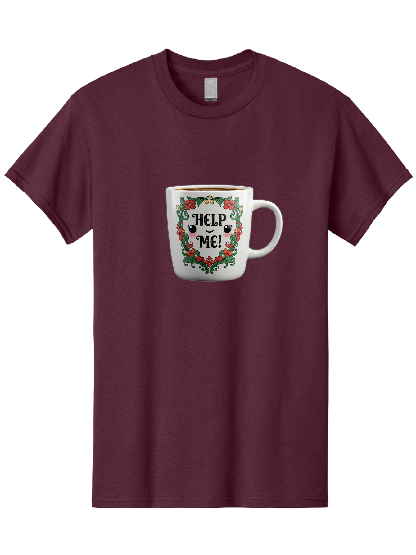 Help-Me-13 Men'S Graphic Tee, 100% Cotton, Comfortable Casual Summer Wear, Machine Washable, Funny Coffee Mug, Quirky Design, Distressed Humor, Floral Wreath, Cute Face, Humorous Quote, Playful Design, Novelty Mug, Coffee Lover Gift Bac039