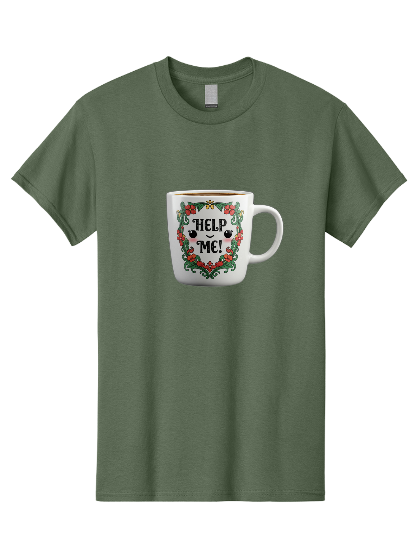Help-Me-13 Men'S Graphic Tee, 100% Cotton, Comfortable Casual Summer Wear, Machine Washable, Funny Coffee Mug, Quirky Design, Distressed Humor, Floral Wreath, Cute Face, Humorous Quote, Playful Design, Novelty Mug, Coffee Lover Gift Bac039