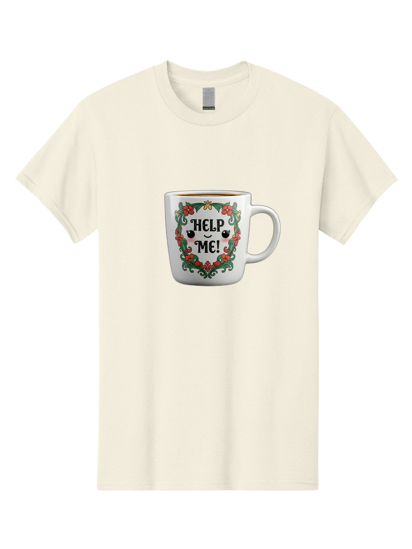 Help-Me-13 Men'S Graphic Tee, 100% Cotton, Comfortable Casual Summer Wear, Machine Washable, Funny Coffee Mug, Quirky Design, Distressed Humor, Floral Wreath, Cute Face, Humorous Quote, Playful Design, Novelty Mug, Coffee Lover Gift Bac039