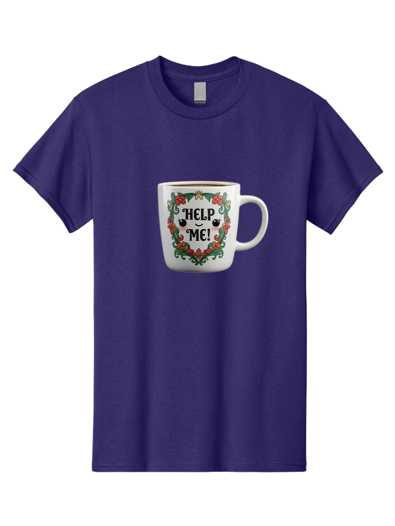 Help-Me-13 Men'S Graphic Tee, 100% Cotton, Comfortable Casual Summer Wear, Machine Washable, Funny Coffee Mug, Quirky Design, Distressed Humor, Floral Wreath, Cute Face, Humorous Quote, Playful Design, Novelty Mug, Coffee Lover Gift Bac039