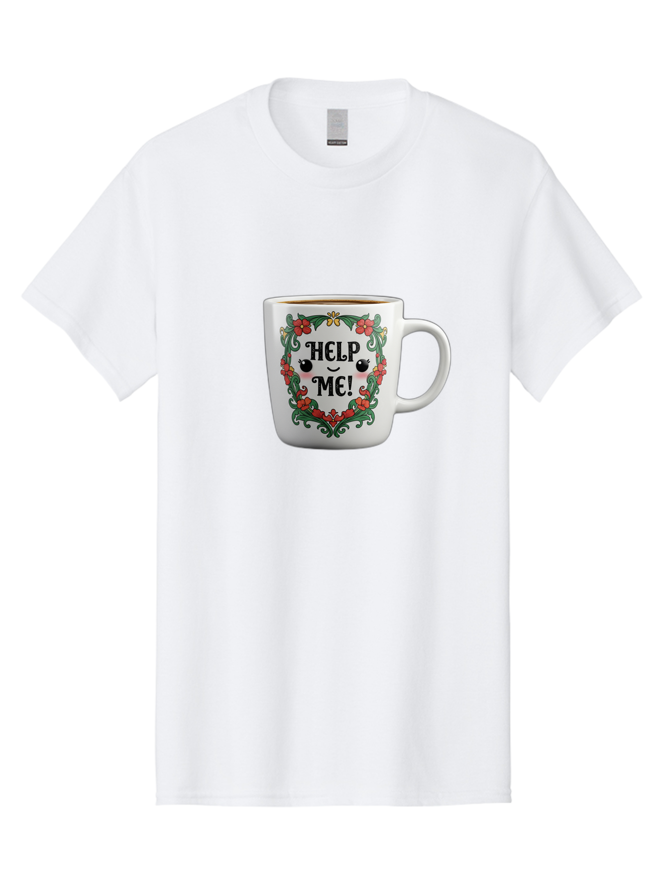 Help-Me-13 Men'S Graphic Tee, 100% Cotton, Comfortable Casual Summer Wear, Machine Washable, Funny Coffee Mug, Quirky Design, Distressed Humor, Floral Wreath, Cute Face, Humorous Quote, Playful Design, Novelty Mug, Coffee Lover Gift Bac039