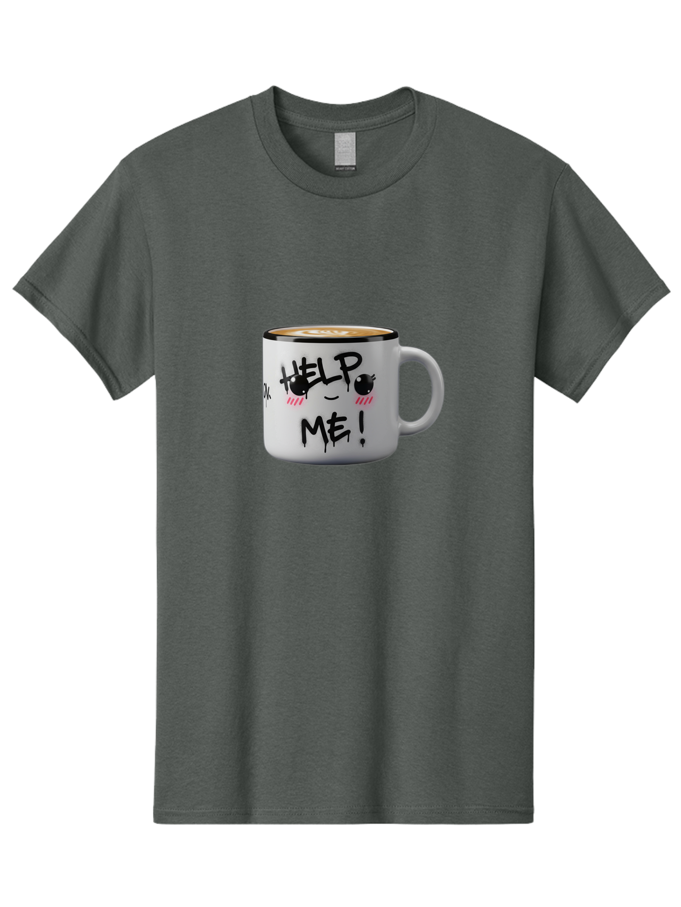Help-Me-14 Men'S Graphic Tee, 100% Cotton, Comfortable Casual Summer Wear, Machine Washable, Coffee Mug, Black Rim, White Ceramic, Help Me! Text, Cartoon Face, Smiley Face, Coffee Drink, Coffee Culture, Quirky Design, Humorous Mug, Bac040
