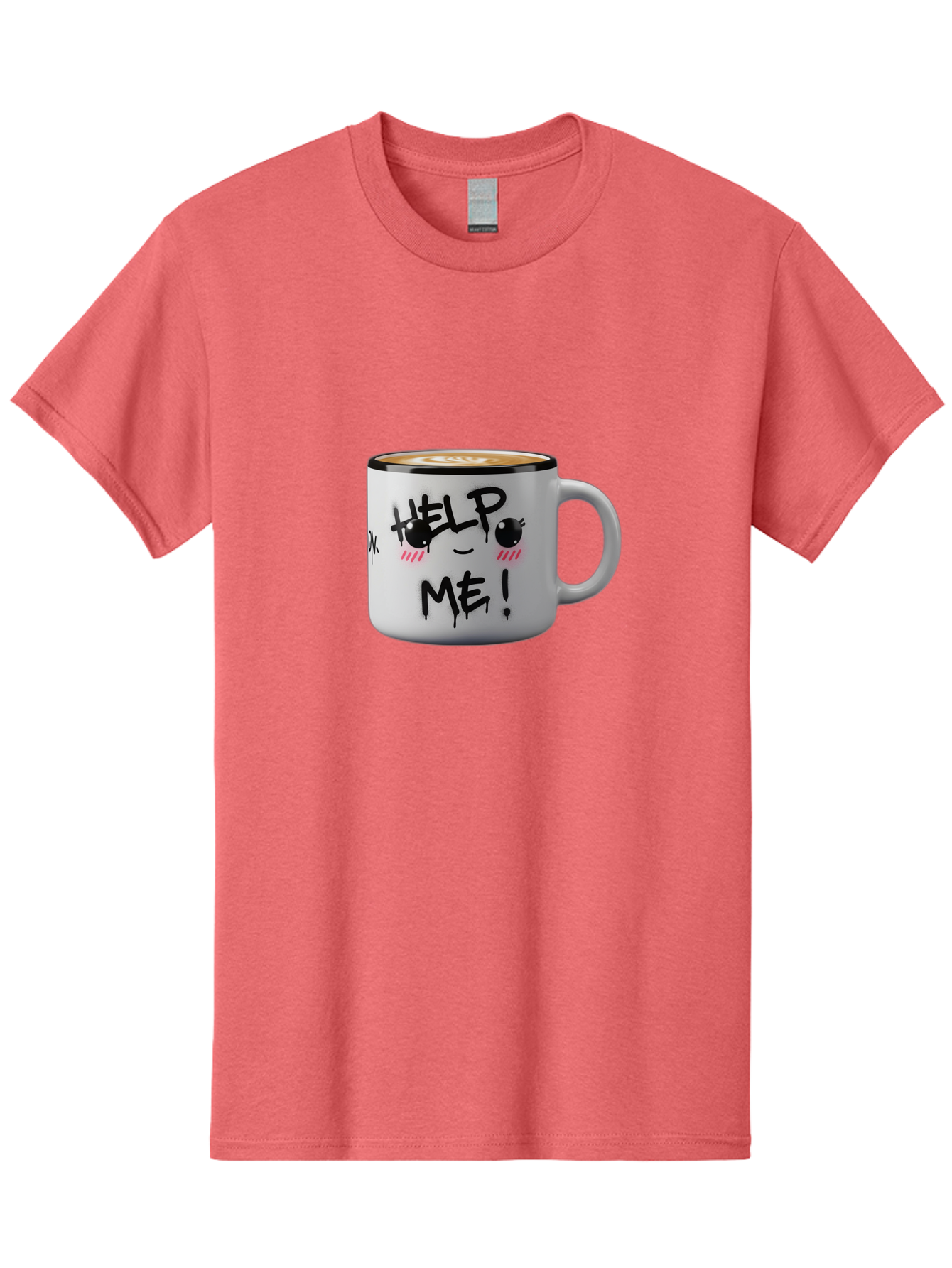 Help-Me-14 Men'S Graphic Tee, 100% Cotton, Comfortable Casual Summer Wear, Machine Washable, Coffee Mug, Black Rim, White Ceramic, Help Me! Text, Cartoon Face, Smiley Face, Coffee Drink, Coffee Culture, Quirky Design, Humorous Mug, Bac040