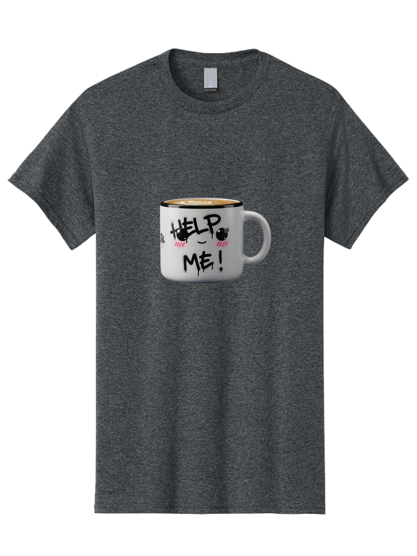 Help-Me-14 Men'S Graphic Tee, 100% Cotton, Comfortable Casual Summer Wear, Machine Washable, Coffee Mug, Black Rim, White Ceramic, Help Me! Text, Cartoon Face, Smiley Face, Coffee Drink, Coffee Culture, Quirky Design, Humorous Mug, Bac040