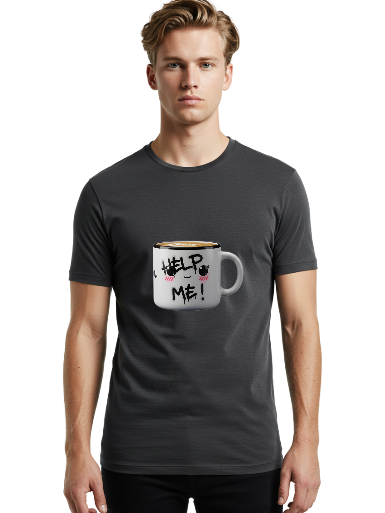 Help-Me-14 Men'S Graphic Tee, 100% Cotton, Comfortable Casual Summer Wear, Machine Washable, Coffee Mug, Black Rim, White Ceramic, Help Me! Text, Cartoon Face, Smiley Face, Coffee Drink, Coffee Culture, Quirky Design, Humorous Mug, Bac040