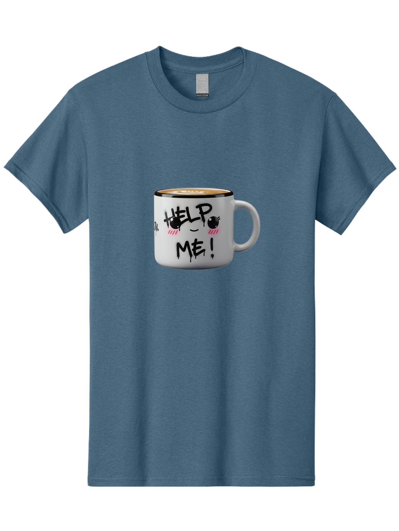 Help-Me-14 Men'S Graphic Tee, 100% Cotton, Comfortable Casual Summer Wear, Machine Washable, Coffee Mug, Black Rim, White Ceramic, Help Me! Text, Cartoon Face, Smiley Face, Coffee Drink, Coffee Culture, Quirky Design, Humorous Mug, Bac040