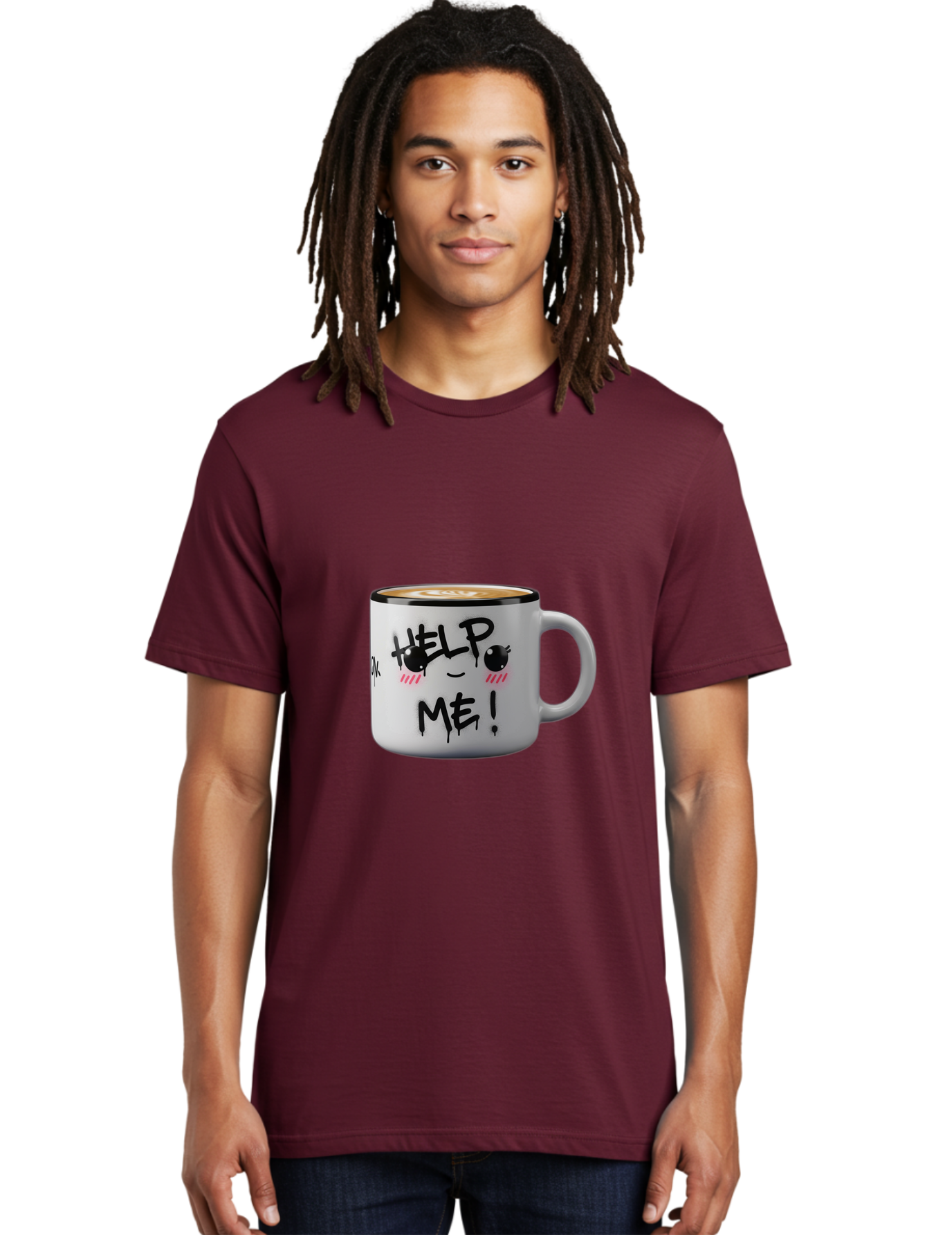 Help-Me-14 Men'S Graphic Tee, 100% Cotton, Comfortable Casual Summer Wear, Machine Washable, Coffee Mug, Black Rim, White Ceramic, Help Me! Text, Cartoon Face, Smiley Face, Coffee Drink, Coffee Culture, Quirky Design, Humorous Mug, Bac040