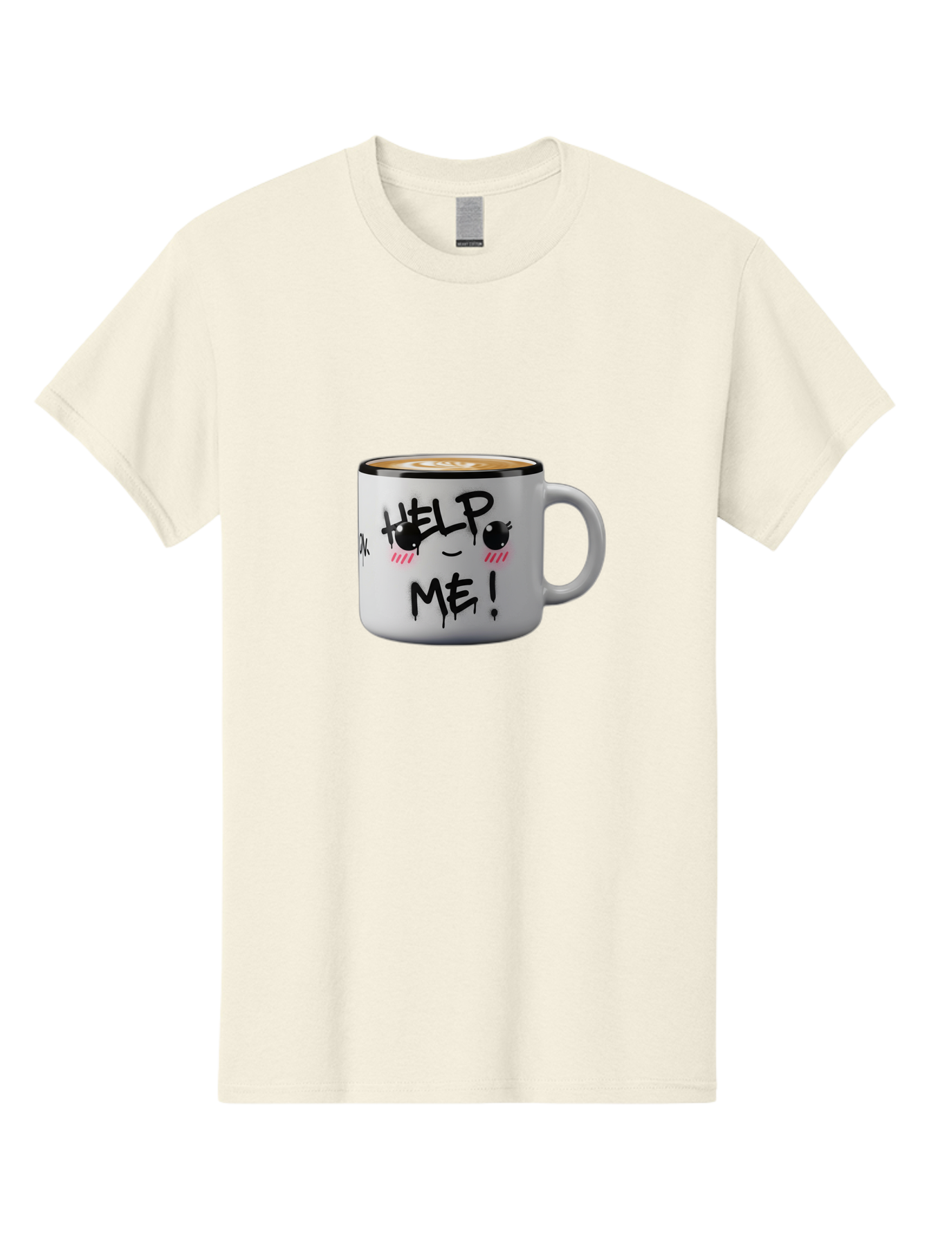 Help-Me-14 Men'S Graphic Tee, 100% Cotton, Comfortable Casual Summer Wear, Machine Washable, Coffee Mug, Black Rim, White Ceramic, Help Me! Text, Cartoon Face, Smiley Face, Coffee Drink, Coffee Culture, Quirky Design, Humorous Mug, Bac040