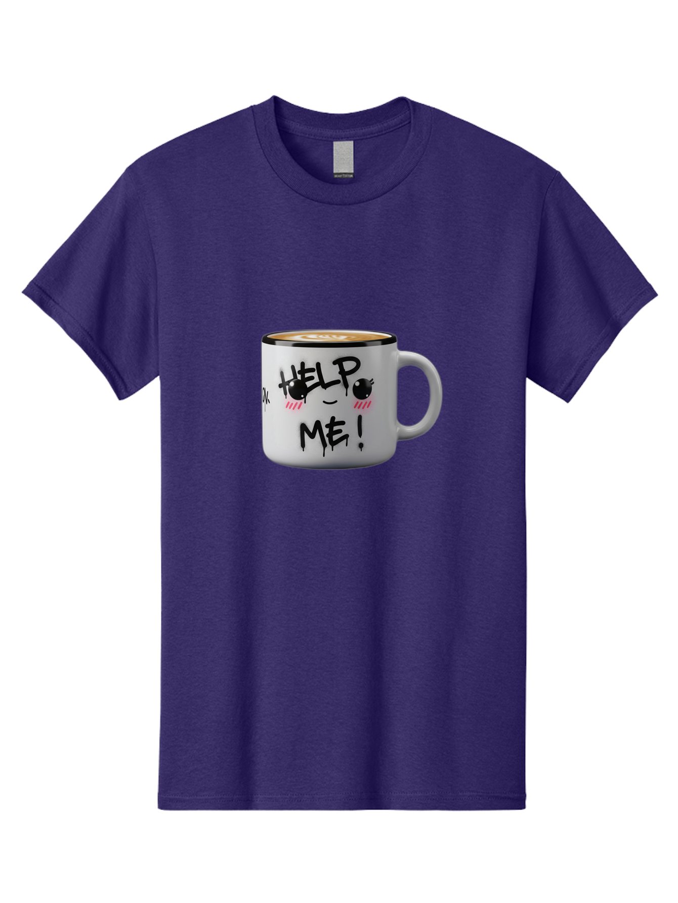 Help-Me-14 Men'S Graphic Tee, 100% Cotton, Comfortable Casual Summer Wear, Machine Washable, Coffee Mug, Black Rim, White Ceramic, Help Me! Text, Cartoon Face, Smiley Face, Coffee Drink, Coffee Culture, Quirky Design, Humorous Mug, Bac040
