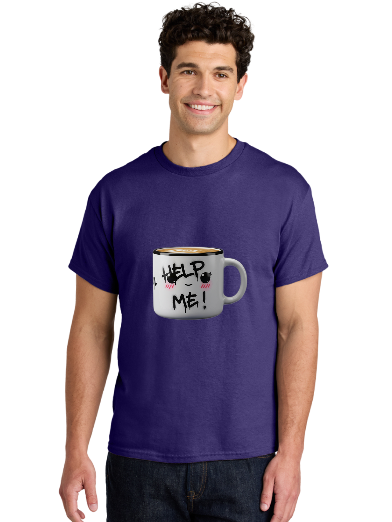 Help-Me-14 Men'S Graphic Tee, 100% Cotton, Comfortable Casual Summer Wear, Machine Washable, Coffee Mug, Black Rim, White Ceramic, Help Me! Text, Cartoon Face, Smiley Face, Coffee Drink, Coffee Culture, Quirky Design, Humorous Mug, Bac040