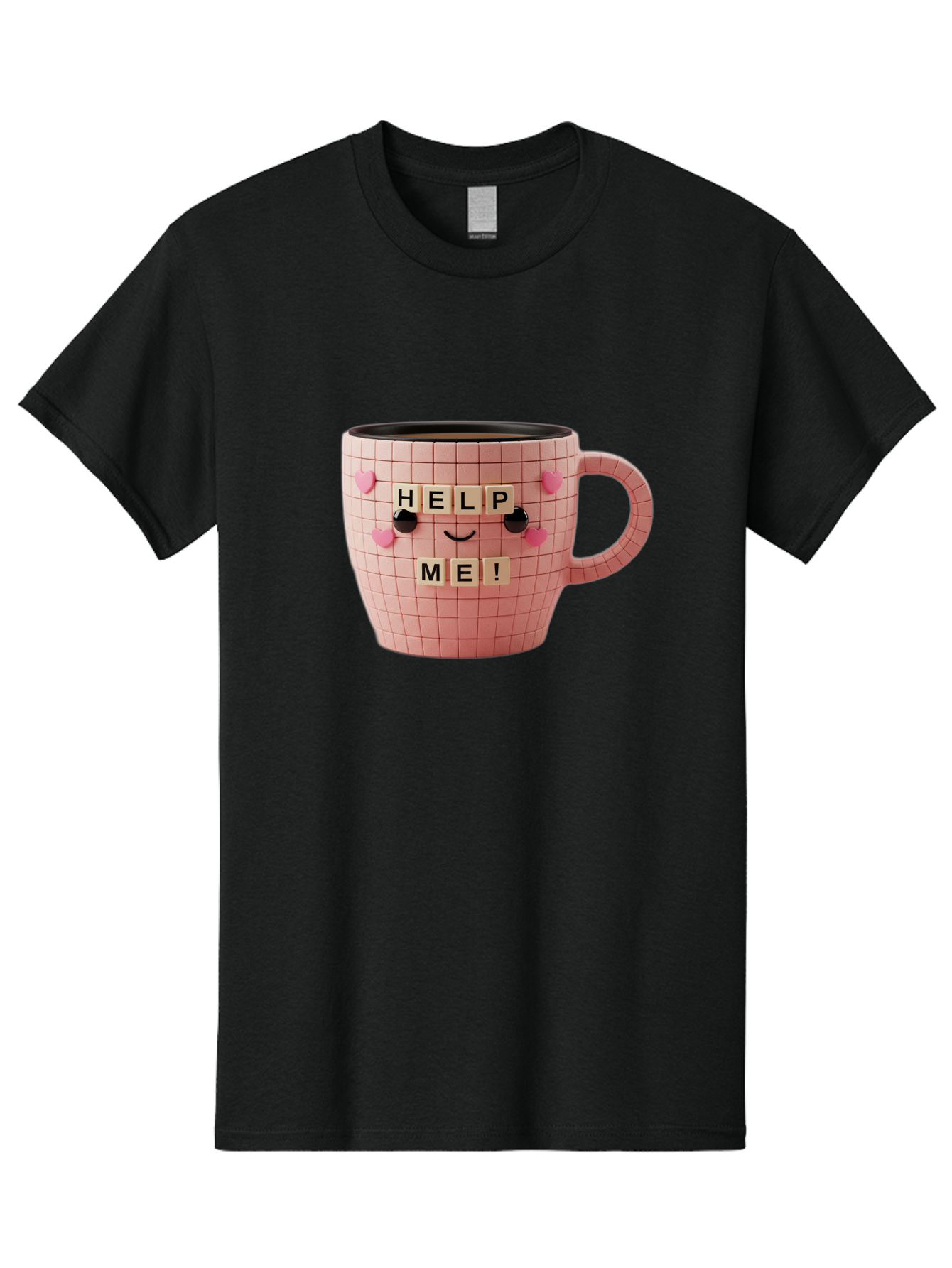 Help-Me-15 Men'S Graphic Tee, 100% Cotton, Comfortable Casual Summer Wear, Machine Washable, Pink Coffee Mug, Grid Pattern Design, Funny Face, Help Me! Letters, Cute Smiley Face, Quirky Humor, Coffee Culture, Playful Design, Cute Expression, Bac041