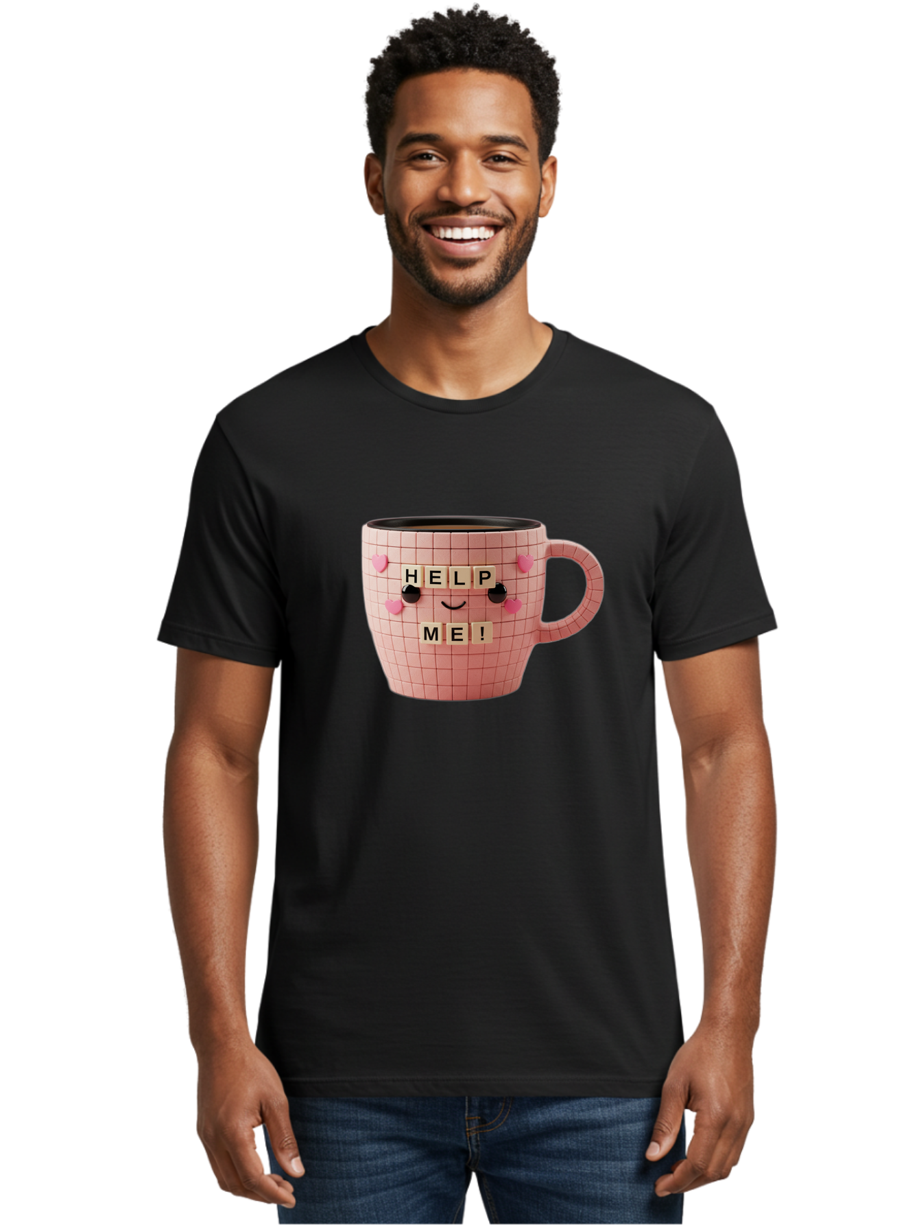 Help-Me-15 Men'S Graphic Tee, 100% Cotton, Comfortable Casual Summer Wear, Machine Washable, Pink Coffee Mug, Grid Pattern Design, Funny Face, Help Me! Letters, Cute Smiley Face, Quirky Humor, Coffee Culture, Playful Design, Cute Expression, Bac041