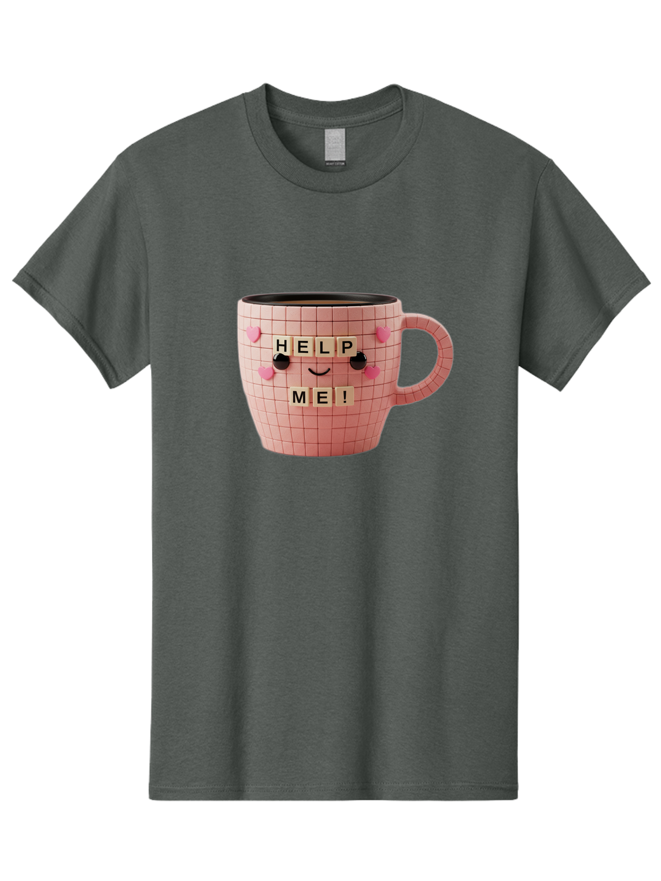 Help-Me-15 Men'S Graphic Tee, 100% Cotton, Comfortable Casual Summer Wear, Machine Washable, Pink Coffee Mug, Grid Pattern Design, Funny Face, Help Me! Letters, Cute Smiley Face, Quirky Humor, Coffee Culture, Playful Design, Cute Expression, Bac041