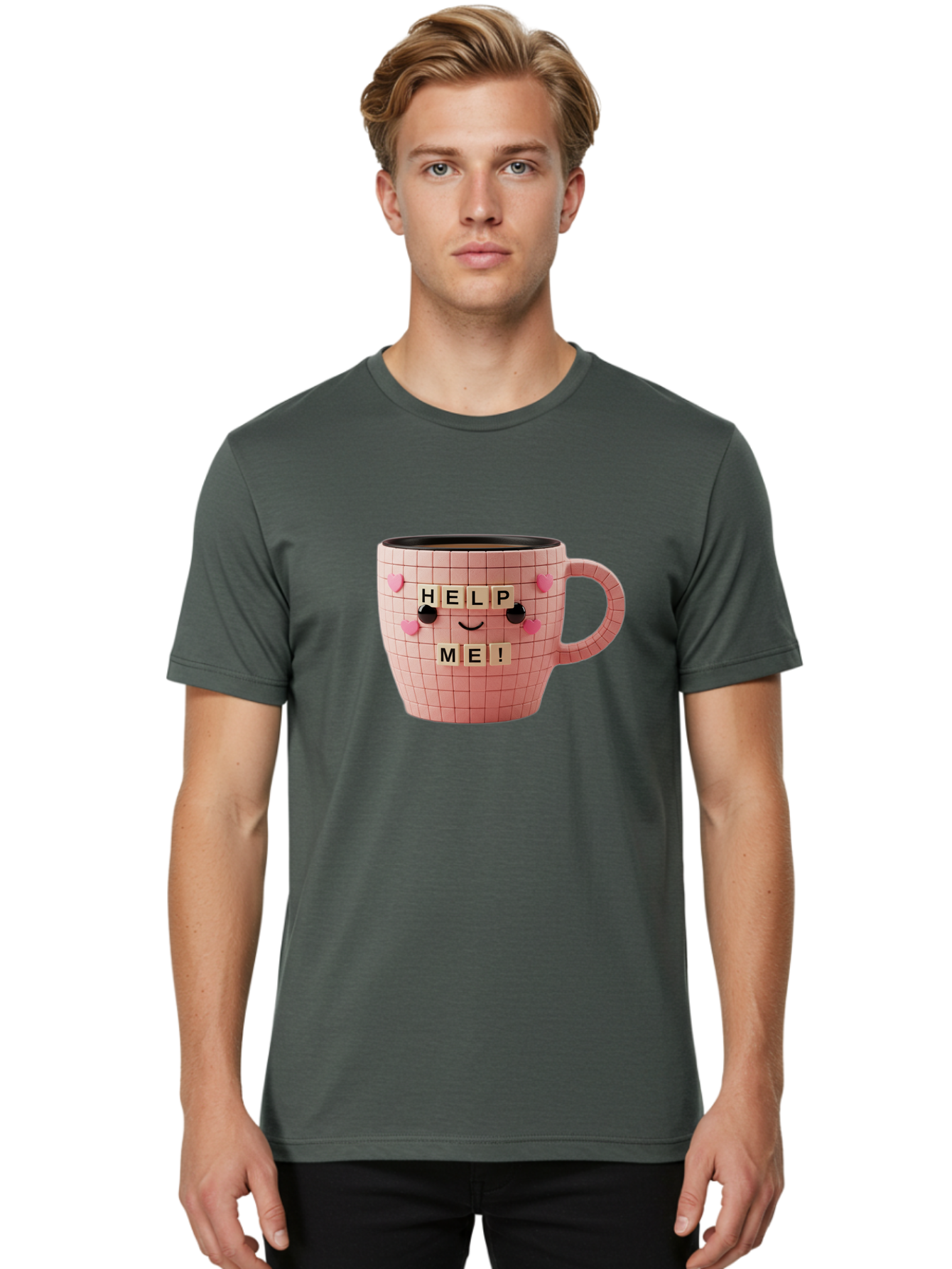 Help-Me-15 Men'S Graphic Tee, 100% Cotton, Comfortable Casual Summer Wear, Machine Washable, Pink Coffee Mug, Grid Pattern Design, Funny Face, Help Me! Letters, Cute Smiley Face, Quirky Humor, Coffee Culture, Playful Design, Cute Expression, Bac041