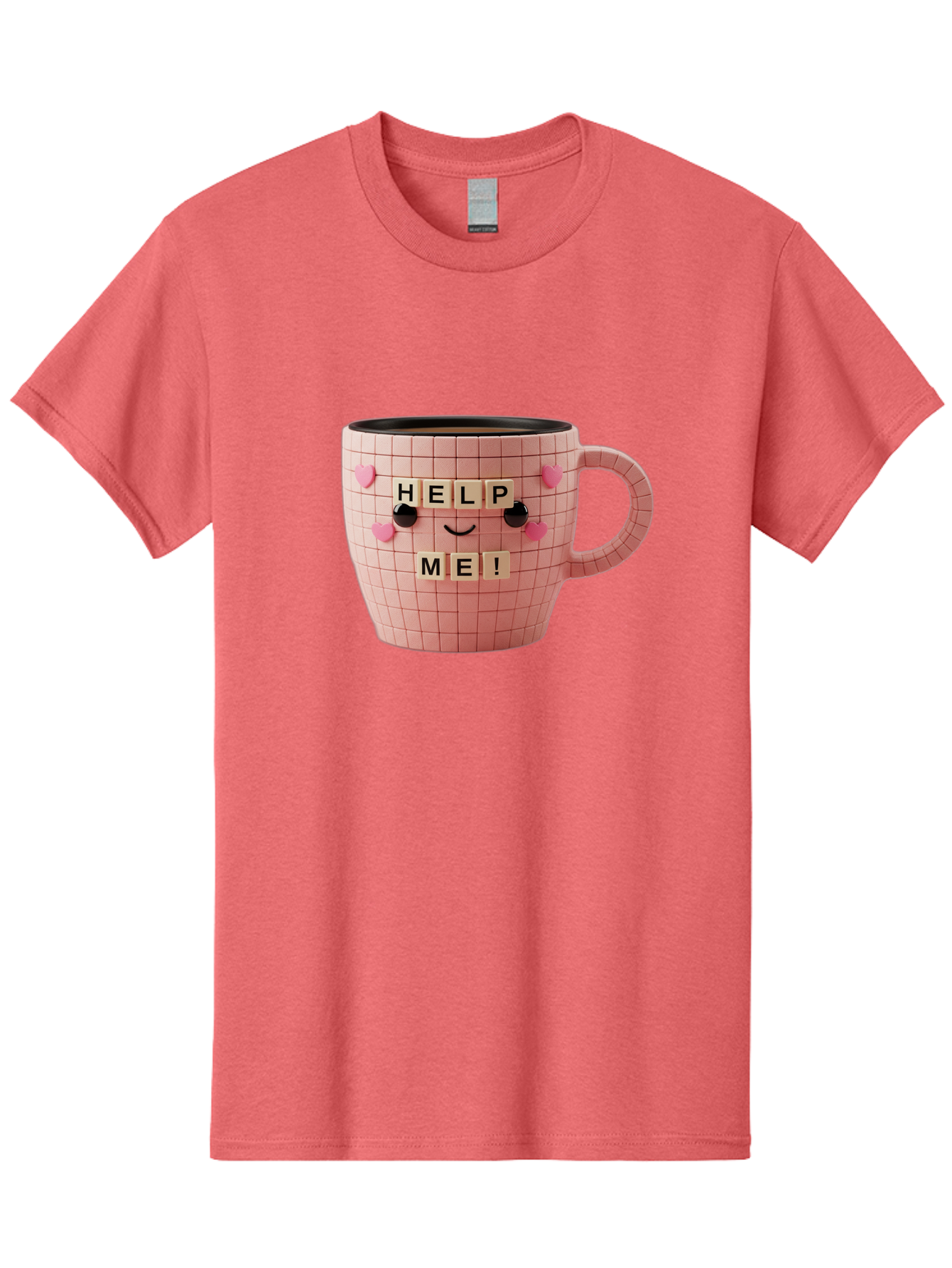 Help-Me-15 Men'S Graphic Tee, 100% Cotton, Comfortable Casual Summer Wear, Machine Washable, Pink Coffee Mug, Grid Pattern Design, Funny Face, Help Me! Letters, Cute Smiley Face, Quirky Humor, Coffee Culture, Playful Design, Cute Expression, Bac041