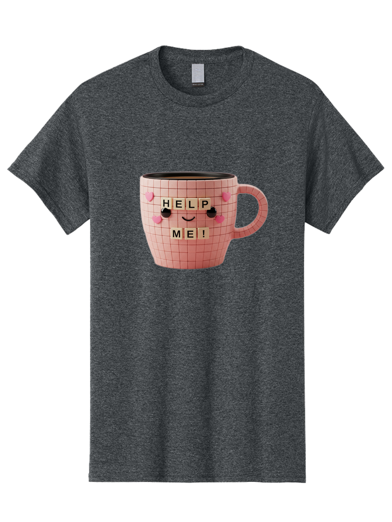 Help-Me-15 Men'S Graphic Tee, 100% Cotton, Comfortable Casual Summer Wear, Machine Washable, Pink Coffee Mug, Grid Pattern Design, Funny Face, Help Me! Letters, Cute Smiley Face, Quirky Humor, Coffee Culture, Playful Design, Cute Expression, Bac041