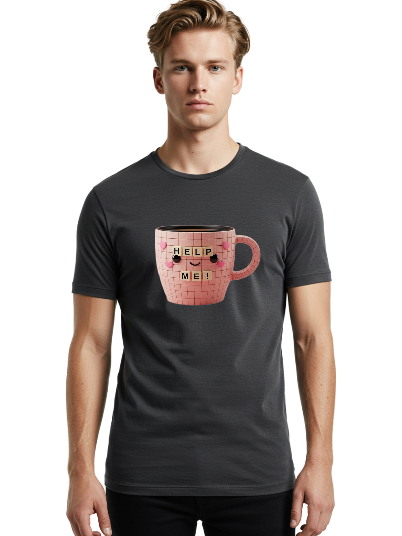 Help-Me-15 Men'S Graphic Tee, 100% Cotton, Comfortable Casual Summer Wear, Machine Washable, Pink Coffee Mug, Grid Pattern Design, Funny Face, Help Me! Letters, Cute Smiley Face, Quirky Humor, Coffee Culture, Playful Design, Cute Expression, Bac041