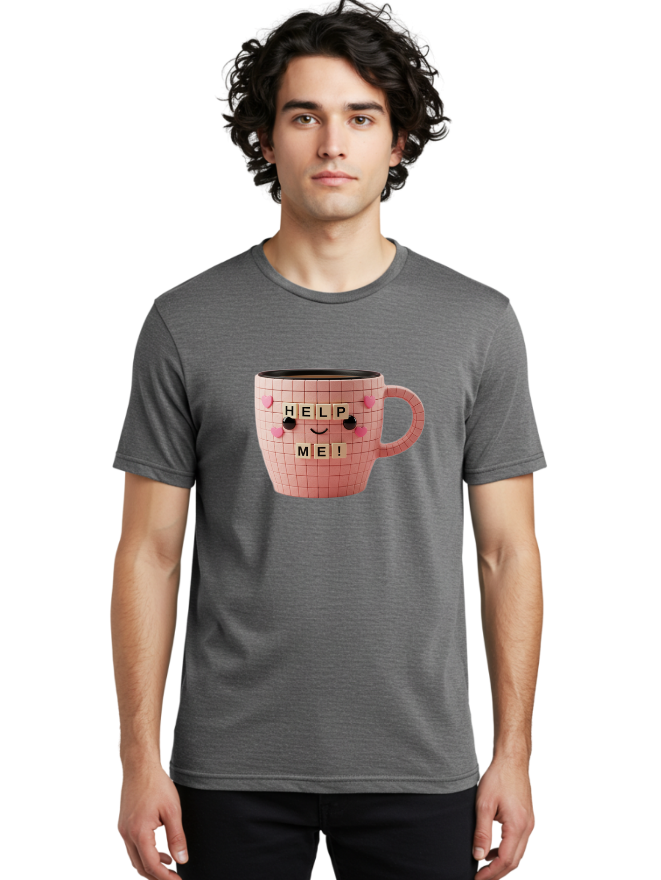 Help-Me-15 Men'S Graphic Tee, 100% Cotton, Comfortable Casual Summer Wear, Machine Washable, Pink Coffee Mug, Grid Pattern Design, Funny Face, Help Me! Letters, Cute Smiley Face, Quirky Humor, Coffee Culture, Playful Design, Cute Expression, Bac041