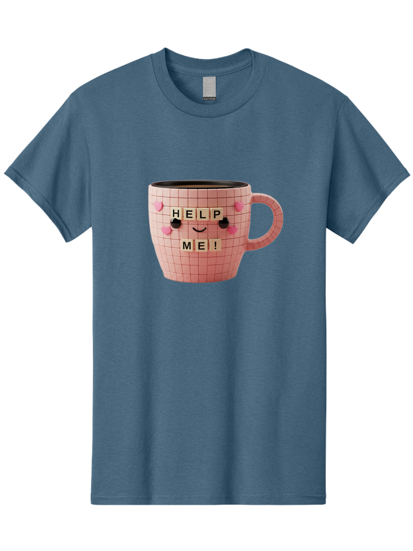 Help-Me-15 Men'S Graphic Tee, 100% Cotton, Comfortable Casual Summer Wear, Machine Washable, Pink Coffee Mug, Grid Pattern Design, Funny Face, Help Me! Letters, Cute Smiley Face, Quirky Humor, Coffee Culture, Playful Design, Cute Expression, Bac041