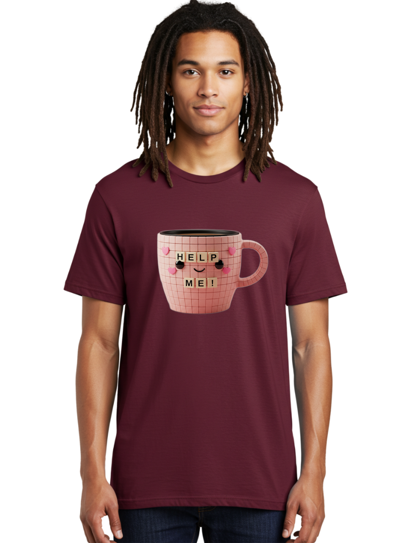 Help-Me-15 Men'S Graphic Tee, 100% Cotton, Comfortable Casual Summer Wear, Machine Washable, Pink Coffee Mug, Grid Pattern Design, Funny Face, Help Me! Letters, Cute Smiley Face, Quirky Humor, Coffee Culture, Playful Design, Cute Expression, Bac041