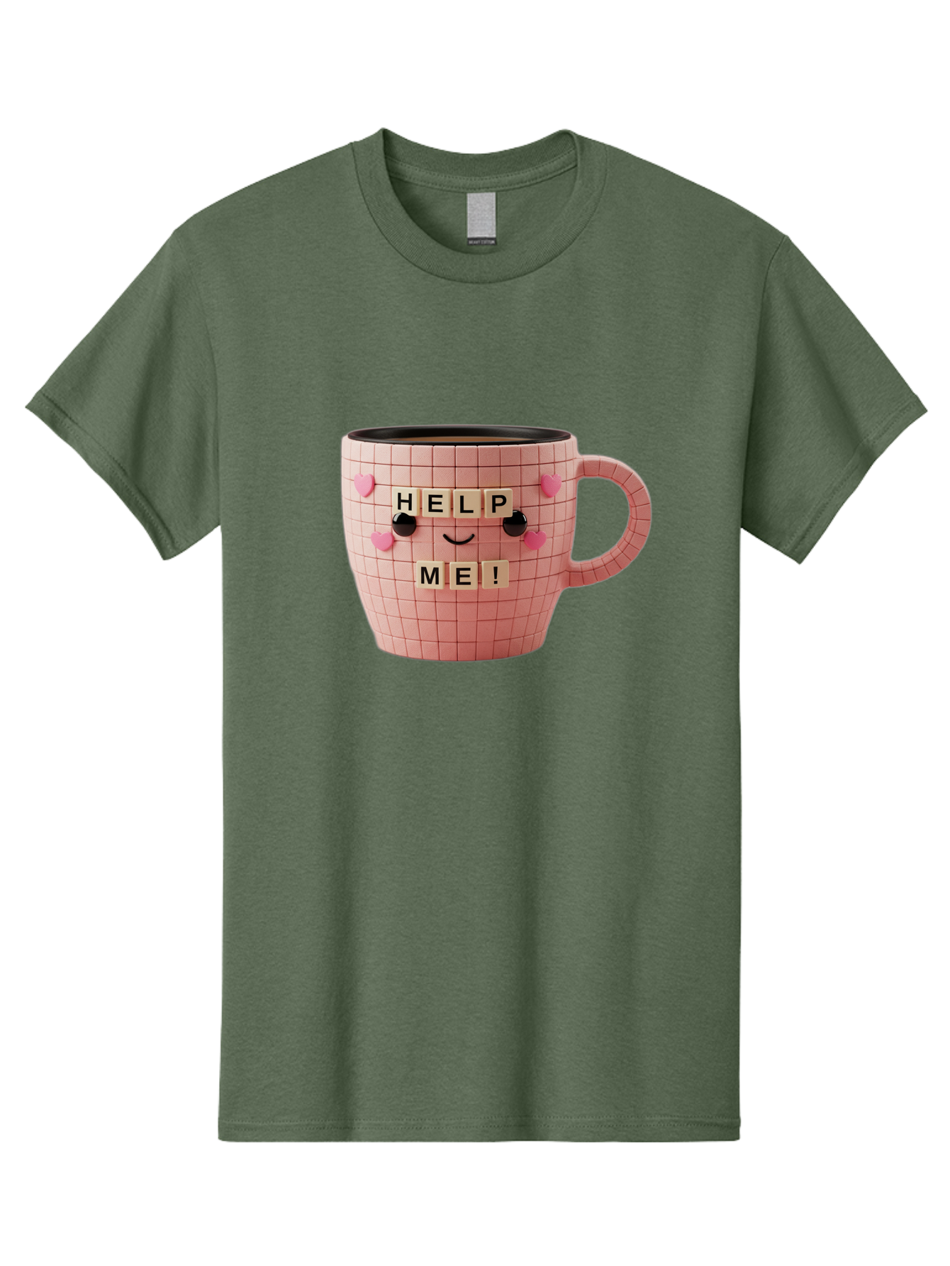 Help-Me-15 Men'S Graphic Tee, 100% Cotton, Comfortable Casual Summer Wear, Machine Washable, Pink Coffee Mug, Grid Pattern Design, Funny Face, Help Me! Letters, Cute Smiley Face, Quirky Humor, Coffee Culture, Playful Design, Cute Expression, Bac041
