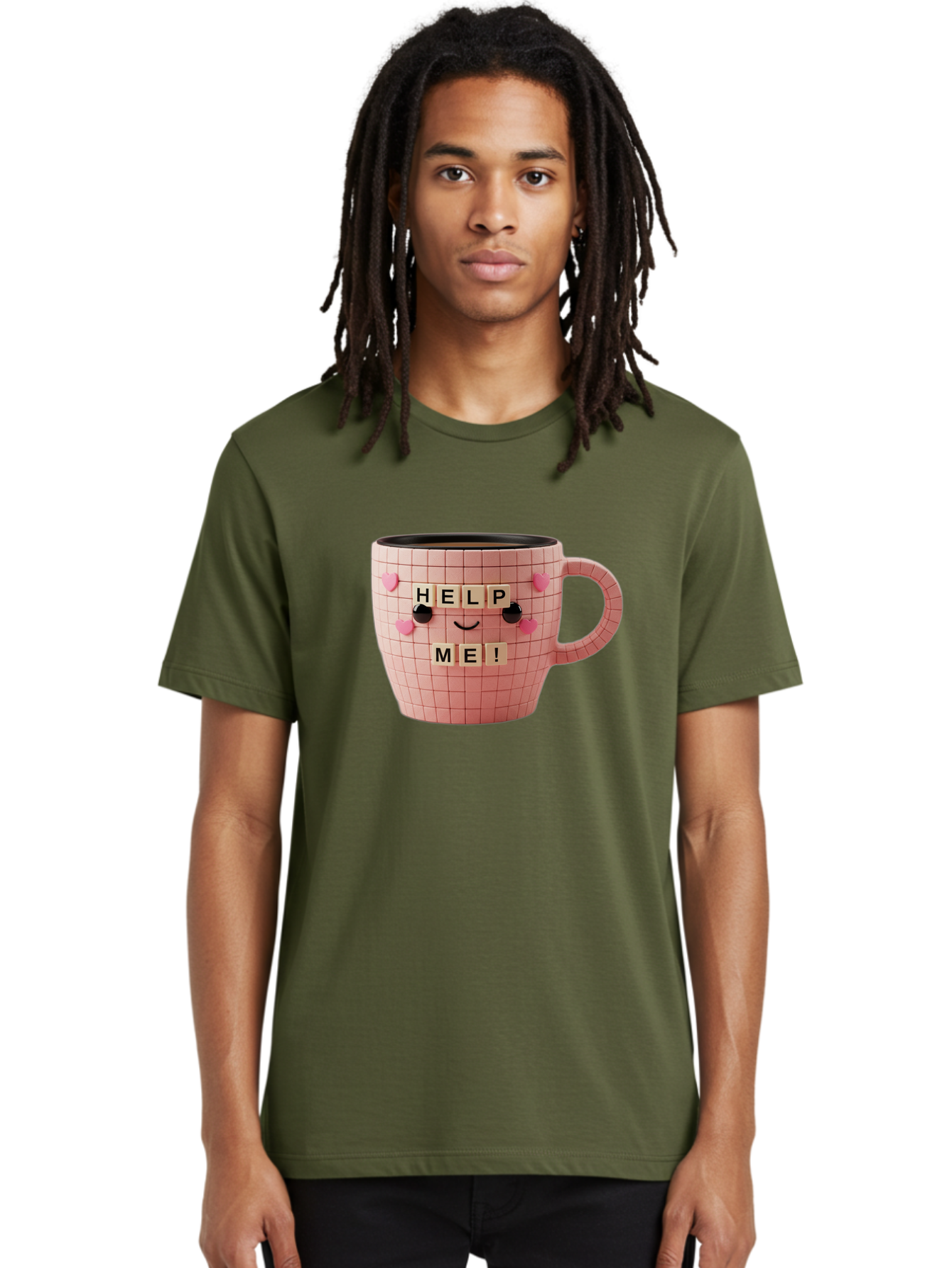 Help-Me-15 Men'S Graphic Tee, 100% Cotton, Comfortable Casual Summer Wear, Machine Washable, Pink Coffee Mug, Grid Pattern Design, Funny Face, Help Me! Letters, Cute Smiley Face, Quirky Humor, Coffee Culture, Playful Design, Cute Expression, Bac041
