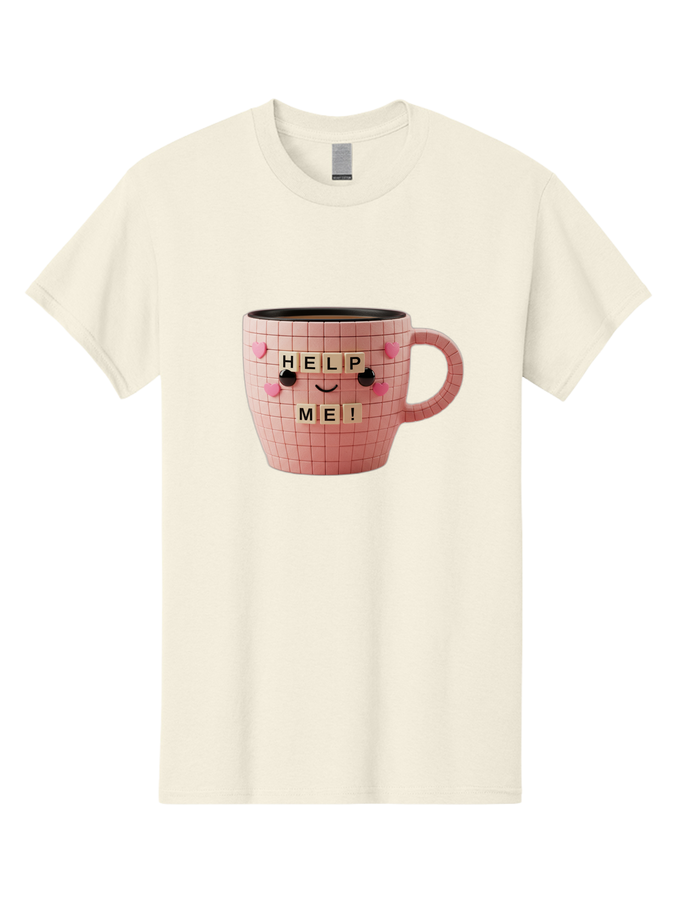 Help-Me-15 Men'S Graphic Tee, 100% Cotton, Comfortable Casual Summer Wear, Machine Washable, Pink Coffee Mug, Grid Pattern Design, Funny Face, Help Me! Letters, Cute Smiley Face, Quirky Humor, Coffee Culture, Playful Design, Cute Expression, Bac041