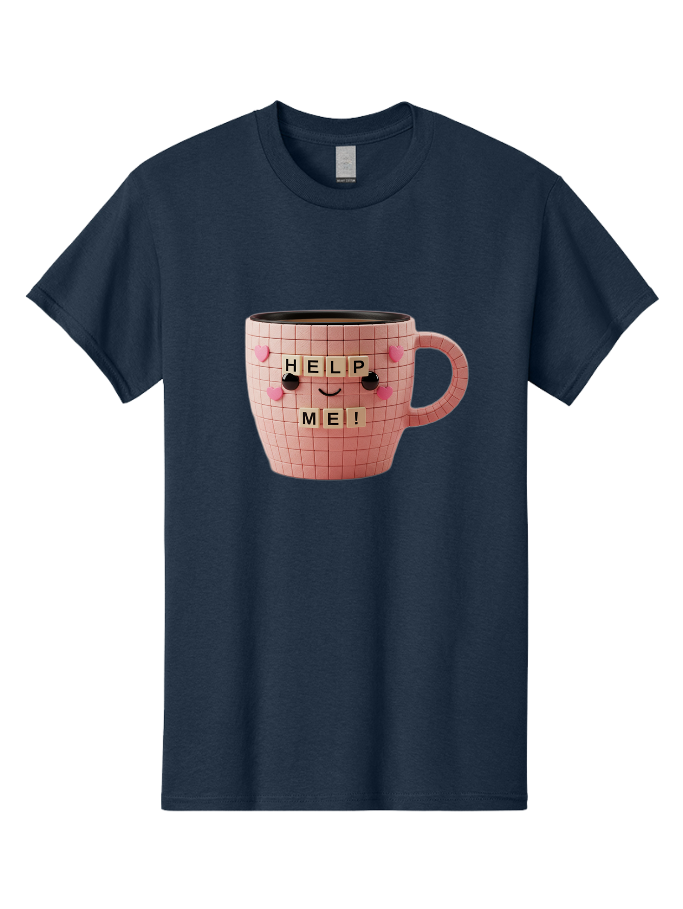 Help-Me-15 Men'S Graphic Tee, 100% Cotton, Comfortable Casual Summer Wear, Machine Washable, Pink Coffee Mug, Grid Pattern Design, Funny Face, Help Me! Letters, Cute Smiley Face, Quirky Humor, Coffee Culture, Playful Design, Cute Expression, Bac041