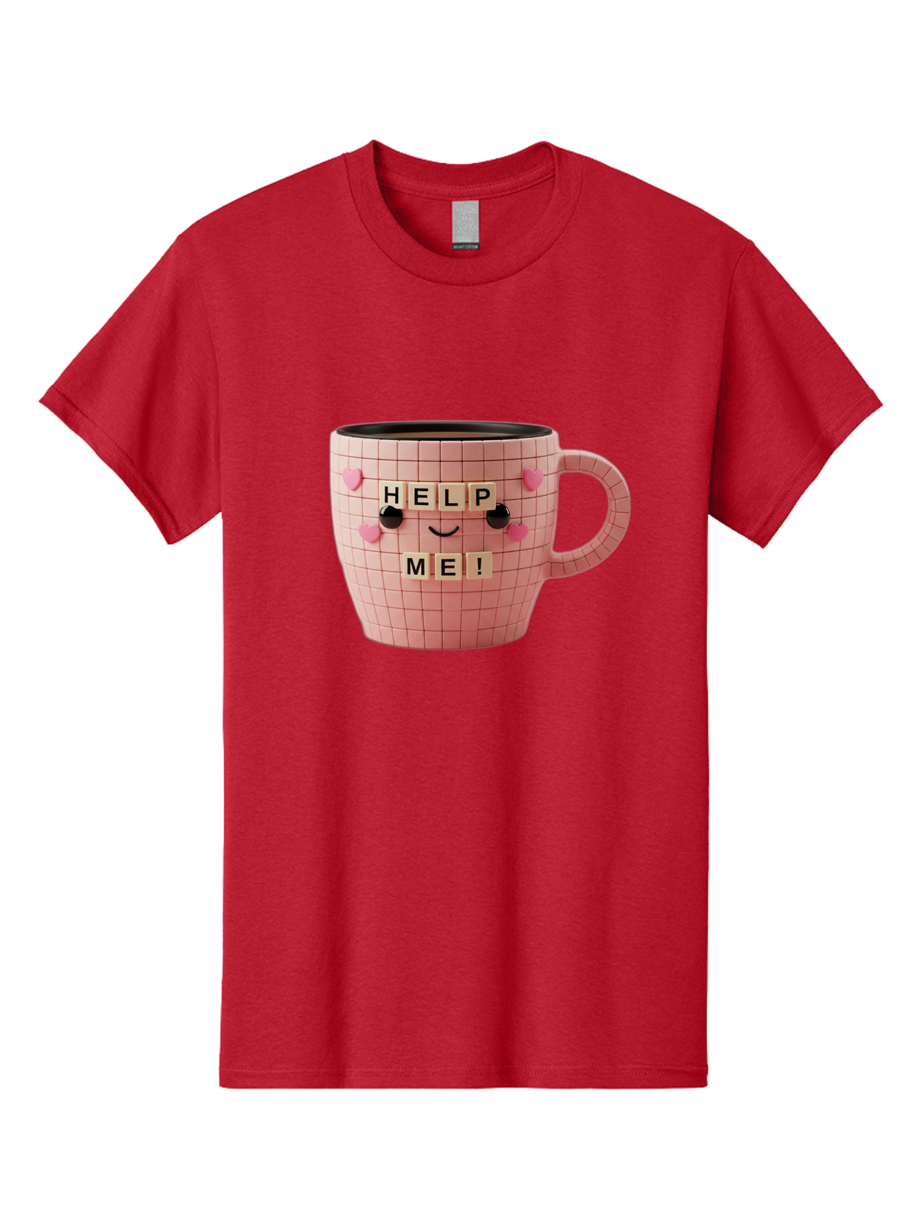 Help-Me-15 Men'S Graphic Tee, 100% Cotton, Comfortable Casual Summer Wear, Machine Washable, Pink Coffee Mug, Grid Pattern Design, Funny Face, Help Me! Letters, Cute Smiley Face, Quirky Humor, Coffee Culture, Playful Design, Cute Expression, Bac041