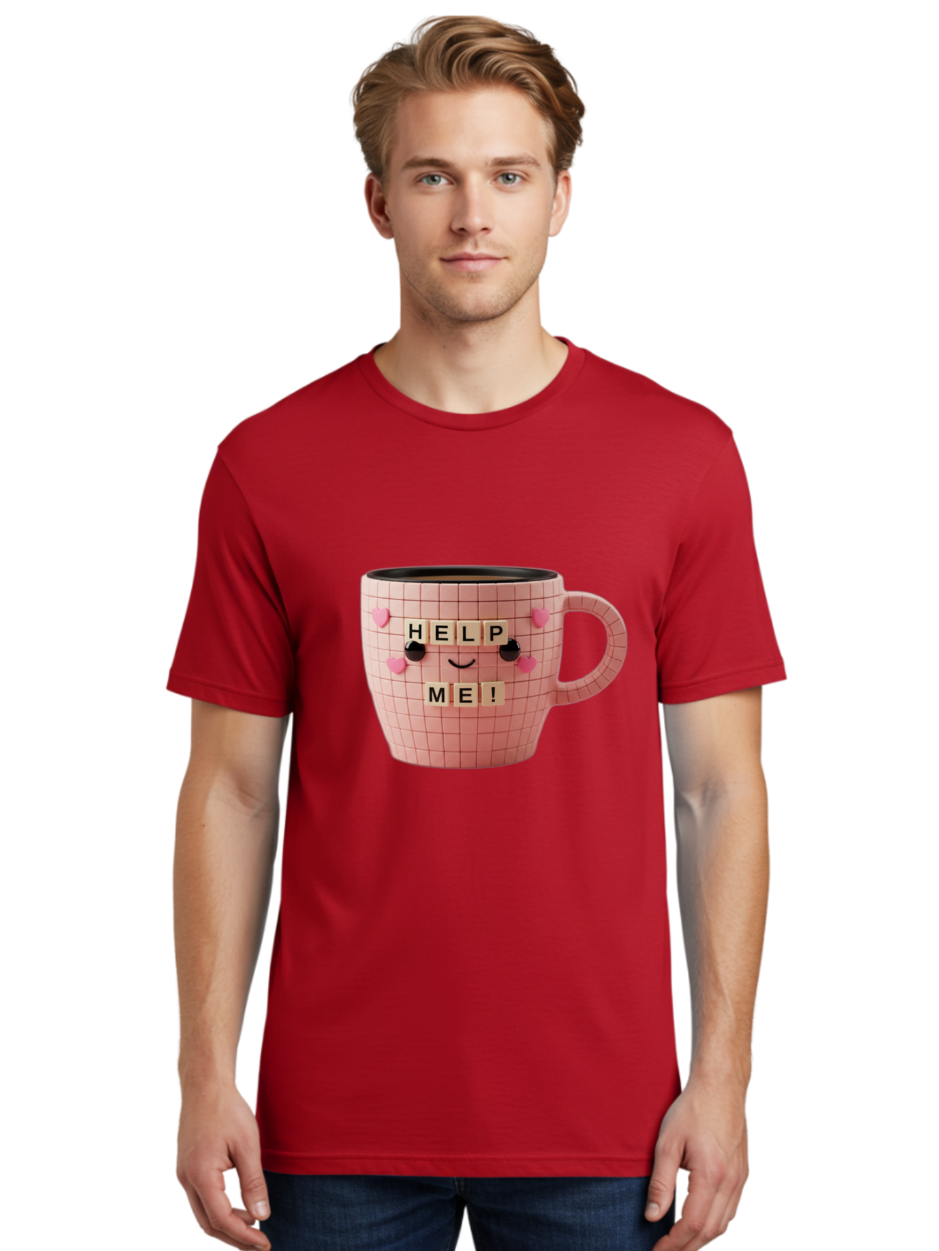Help-Me-15 Men'S Graphic Tee, 100% Cotton, Comfortable Casual Summer Wear, Machine Washable, Pink Coffee Mug, Grid Pattern Design, Funny Face, Help Me! Letters, Cute Smiley Face, Quirky Humor, Coffee Culture, Playful Design, Cute Expression, Bac041