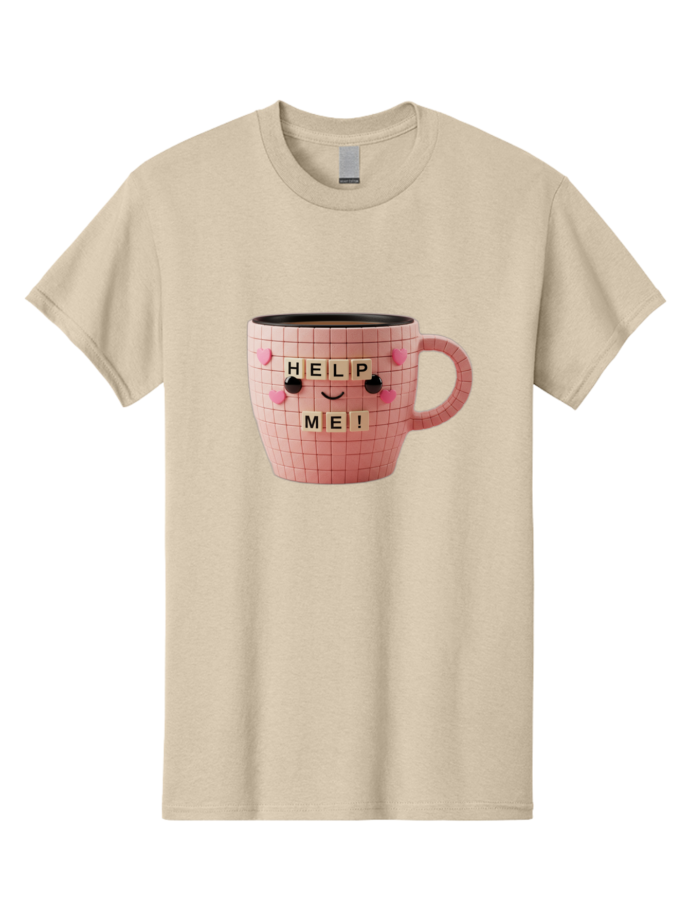 Help-Me-15 Men'S Graphic Tee, 100% Cotton, Comfortable Casual Summer Wear, Machine Washable, Pink Coffee Mug, Grid Pattern Design, Funny Face, Help Me! Letters, Cute Smiley Face, Quirky Humor, Coffee Culture, Playful Design, Cute Expression, Bac041