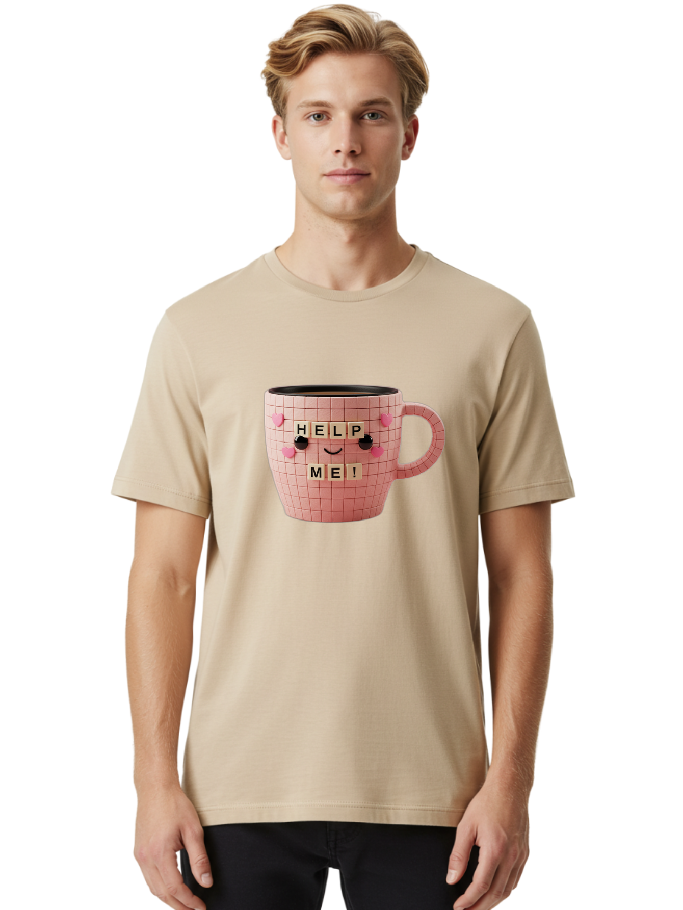 Help-Me-15 Men'S Graphic Tee, 100% Cotton, Comfortable Casual Summer Wear, Machine Washable, Pink Coffee Mug, Grid Pattern Design, Funny Face, Help Me! Letters, Cute Smiley Face, Quirky Humor, Coffee Culture, Playful Design, Cute Expression, Bac041