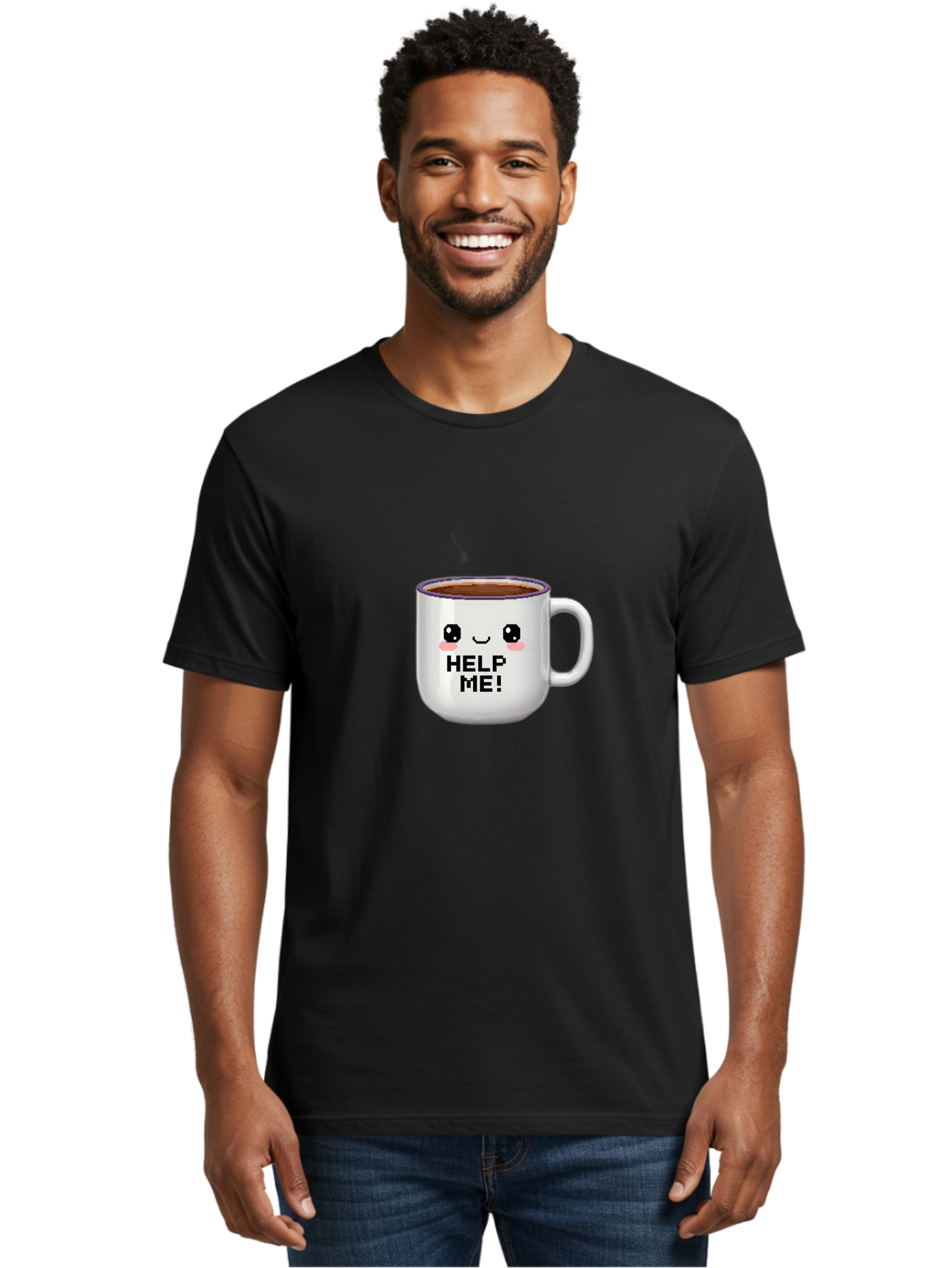 Help-Me-2 Men'S Graphic Tee, 100% Cotton, Comfortable Casual Summer Wear, Machine Washable, Funny Coffee Mug, Cartoon Style, Coffee Cup With Face, Humorous Design, Cute Character, Help Me! Text, Coffee Lover Gift Bac042