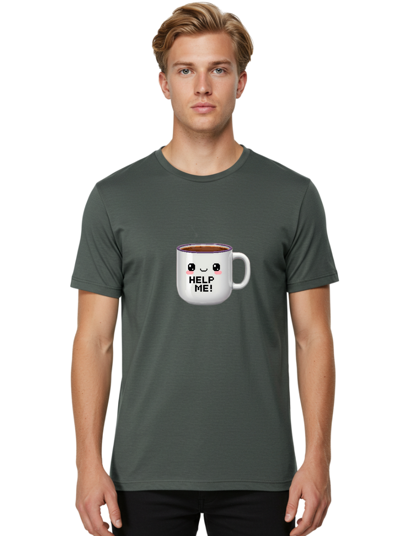 Help-Me-2 Men'S Graphic Tee, 100% Cotton, Comfortable Casual Summer Wear, Machine Washable, Funny Coffee Mug, Cartoon Style, Coffee Cup With Face, Humorous Design, Cute Character, Help Me! Text, Coffee Lover Gift Bac042