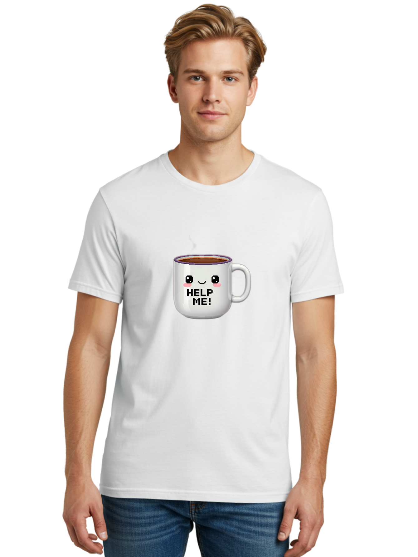 Help-Me-2 Men'S Graphic Tee, 100% Cotton, Comfortable Casual Summer Wear, Machine Washable, Funny Coffee Mug, Cartoon Style, Coffee Cup With Face, Humorous Design, Cute Character, Help Me! Text, Coffee Lover Gift Bac042