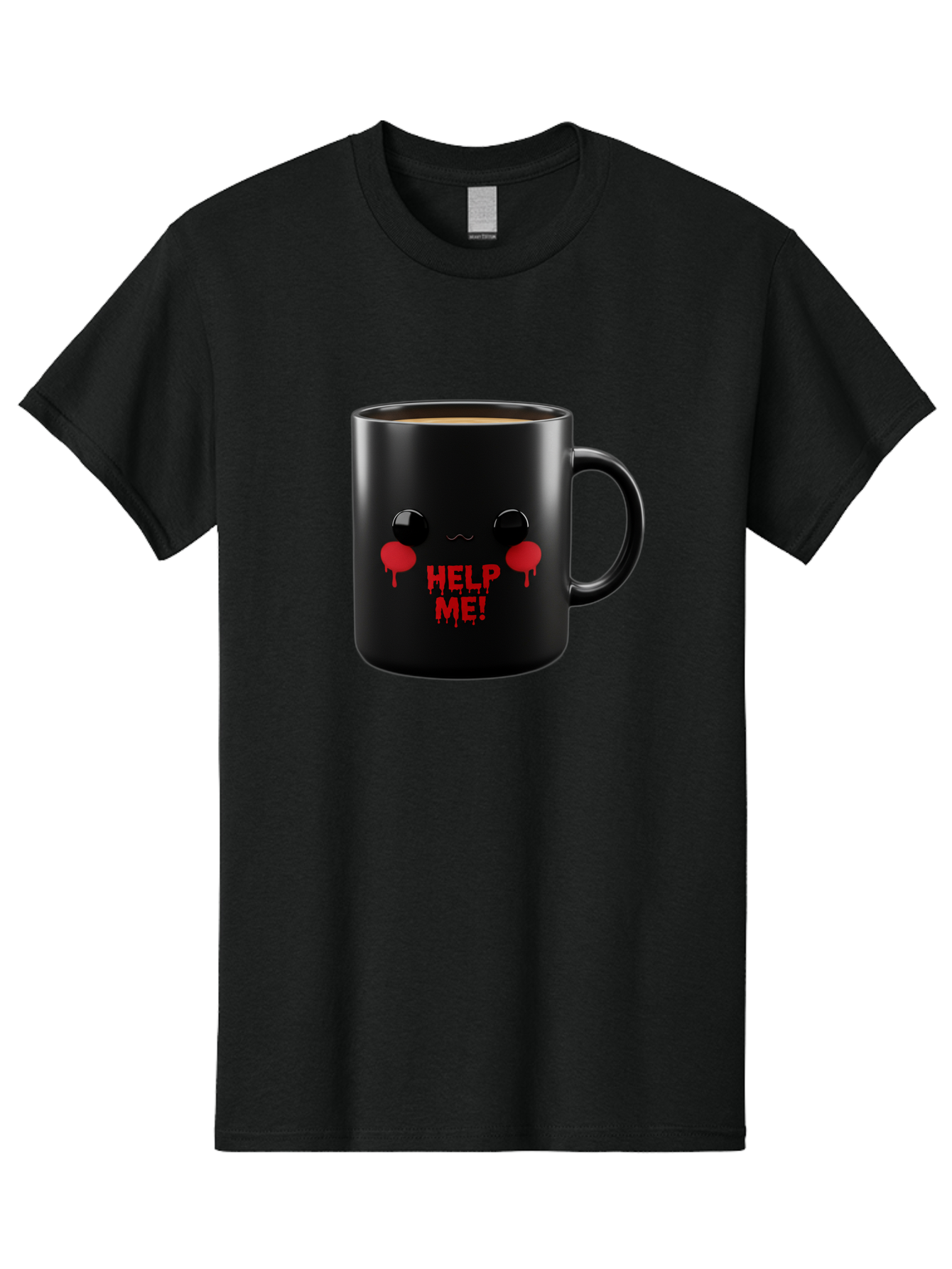 Help-Me-3 Men'S Graphic Tee, 100% Cotton, Comfortable Casual Summer Wear, Machine Washable, Black Coffee Mug, Cartoon Face, Red Tears, Distressed Design, Creepy Humor, Bold Graphics, Funny Mugs, Novelty Coffee Cups, Quirky Gifts, Eerie Decor Bac043