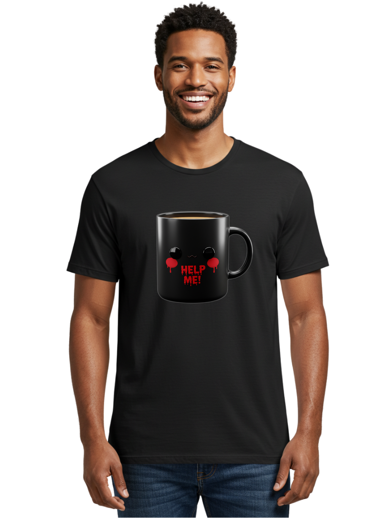 Help-Me-3 Men'S Graphic Tee, 100% Cotton, Comfortable Casual Summer Wear, Machine Washable, Black Coffee Mug, Cartoon Face, Red Tears, Distressed Design, Creepy Humor, Bold Graphics, Funny Mugs, Novelty Coffee Cups, Quirky Gifts, Eerie Decor Bac043