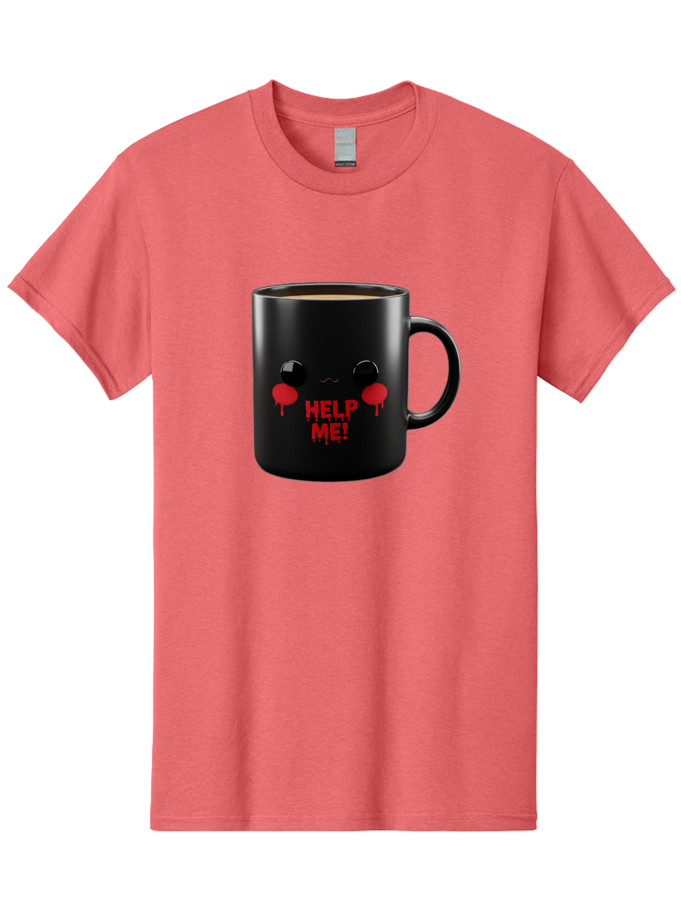 Help-Me-3 Men'S Graphic Tee, 100% Cotton, Comfortable Casual Summer Wear, Machine Washable, Black Coffee Mug, Cartoon Face, Red Tears, Distressed Design, Creepy Humor, Bold Graphics, Funny Mugs, Novelty Coffee Cups, Quirky Gifts, Eerie Decor Bac043