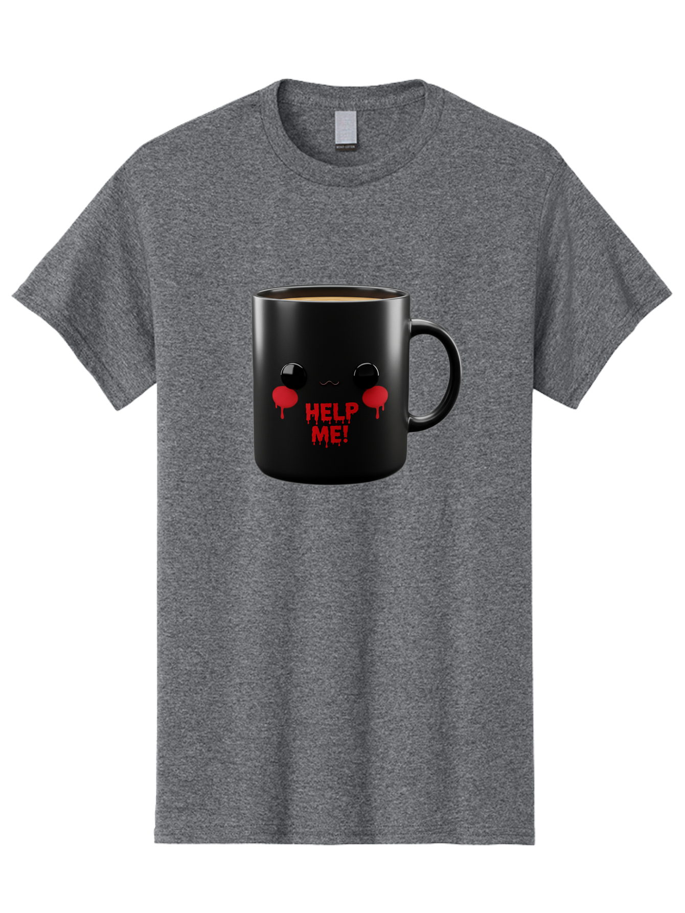 Help-Me-3 Men'S Graphic Tee, 100% Cotton, Comfortable Casual Summer Wear, Machine Washable, Black Coffee Mug, Cartoon Face, Red Tears, Distressed Design, Creepy Humor, Bold Graphics, Funny Mugs, Novelty Coffee Cups, Quirky Gifts, Eerie Decor Bac043