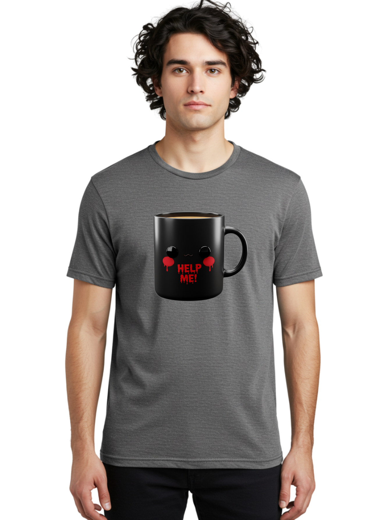 Help-Me-3 Men'S Graphic Tee, 100% Cotton, Comfortable Casual Summer Wear, Machine Washable, Black Coffee Mug, Cartoon Face, Red Tears, Distressed Design, Creepy Humor, Bold Graphics, Funny Mugs, Novelty Coffee Cups, Quirky Gifts, Eerie Decor Bac043