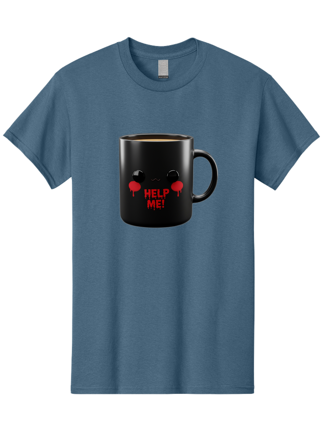 Help-Me-3 Men'S Graphic Tee, 100% Cotton, Comfortable Casual Summer Wear, Machine Washable, Black Coffee Mug, Cartoon Face, Red Tears, Distressed Design, Creepy Humor, Bold Graphics, Funny Mugs, Novelty Coffee Cups, Quirky Gifts, Eerie Decor Bac043