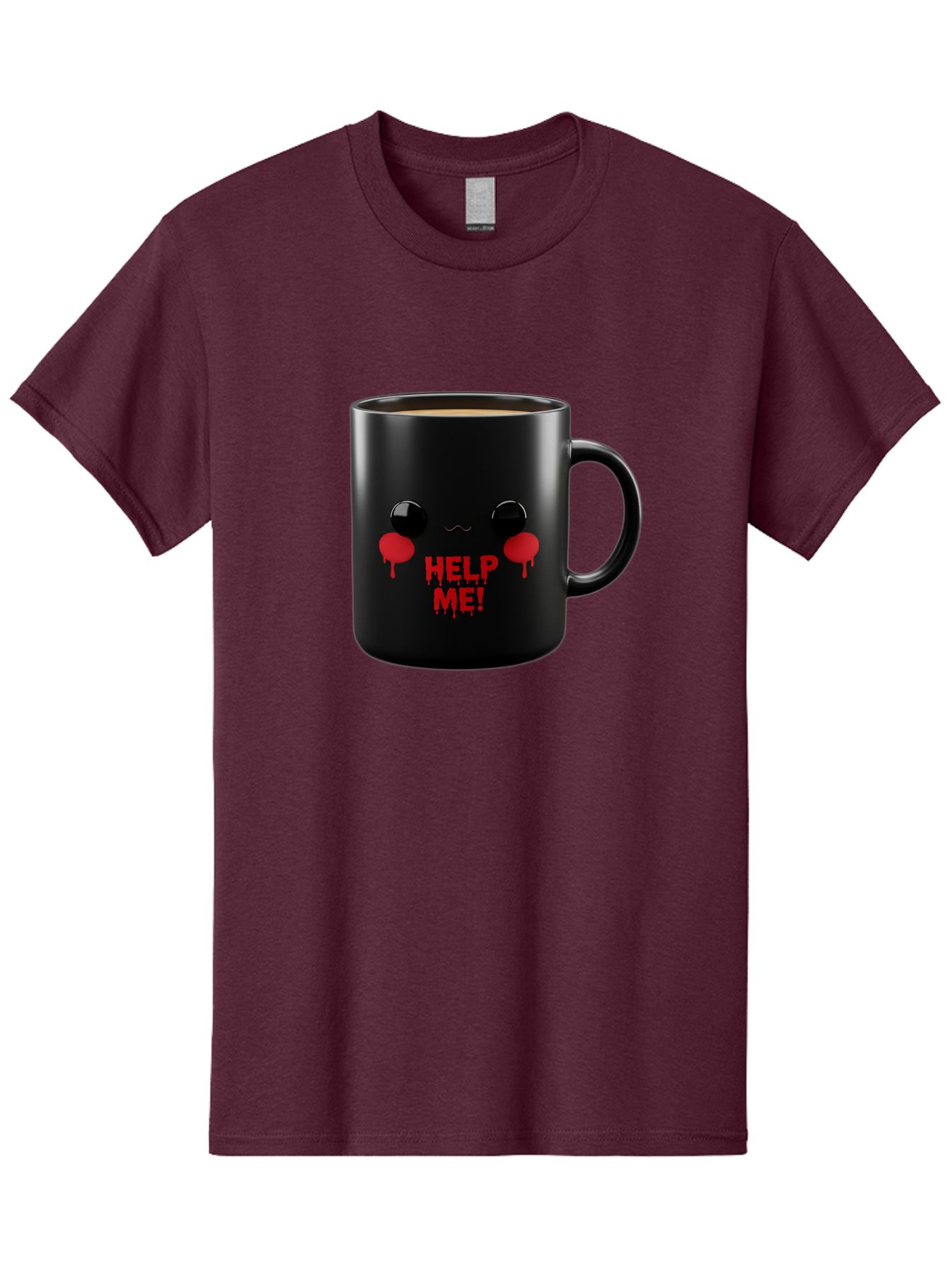 Help-Me-3 Men'S Graphic Tee, 100% Cotton, Comfortable Casual Summer Wear, Machine Washable, Black Coffee Mug, Cartoon Face, Red Tears, Distressed Design, Creepy Humor, Bold Graphics, Funny Mugs, Novelty Coffee Cups, Quirky Gifts, Eerie Decor Bac043