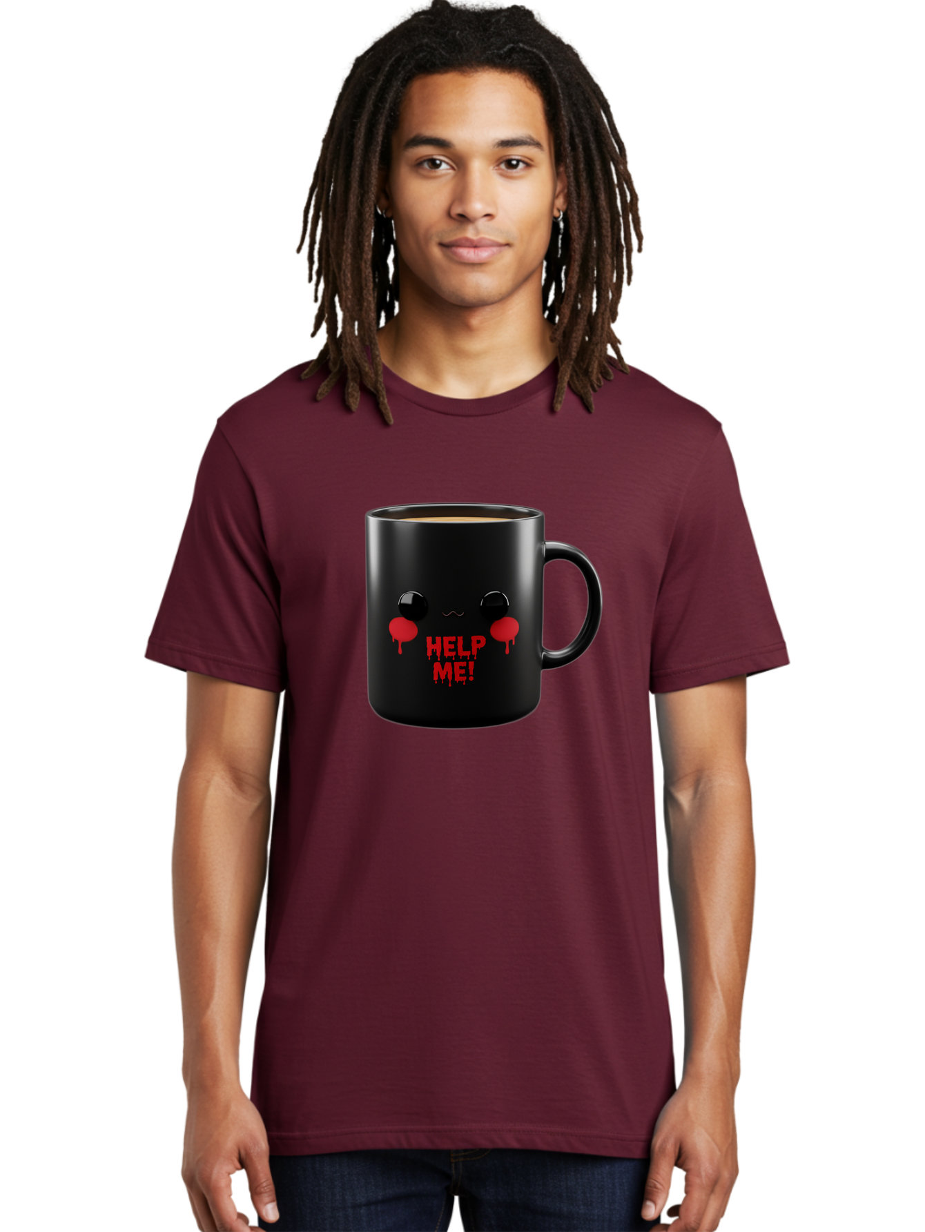 Help-Me-3 Men'S Graphic Tee, 100% Cotton, Comfortable Casual Summer Wear, Machine Washable, Black Coffee Mug, Cartoon Face, Red Tears, Distressed Design, Creepy Humor, Bold Graphics, Funny Mugs, Novelty Coffee Cups, Quirky Gifts, Eerie Decor Bac043