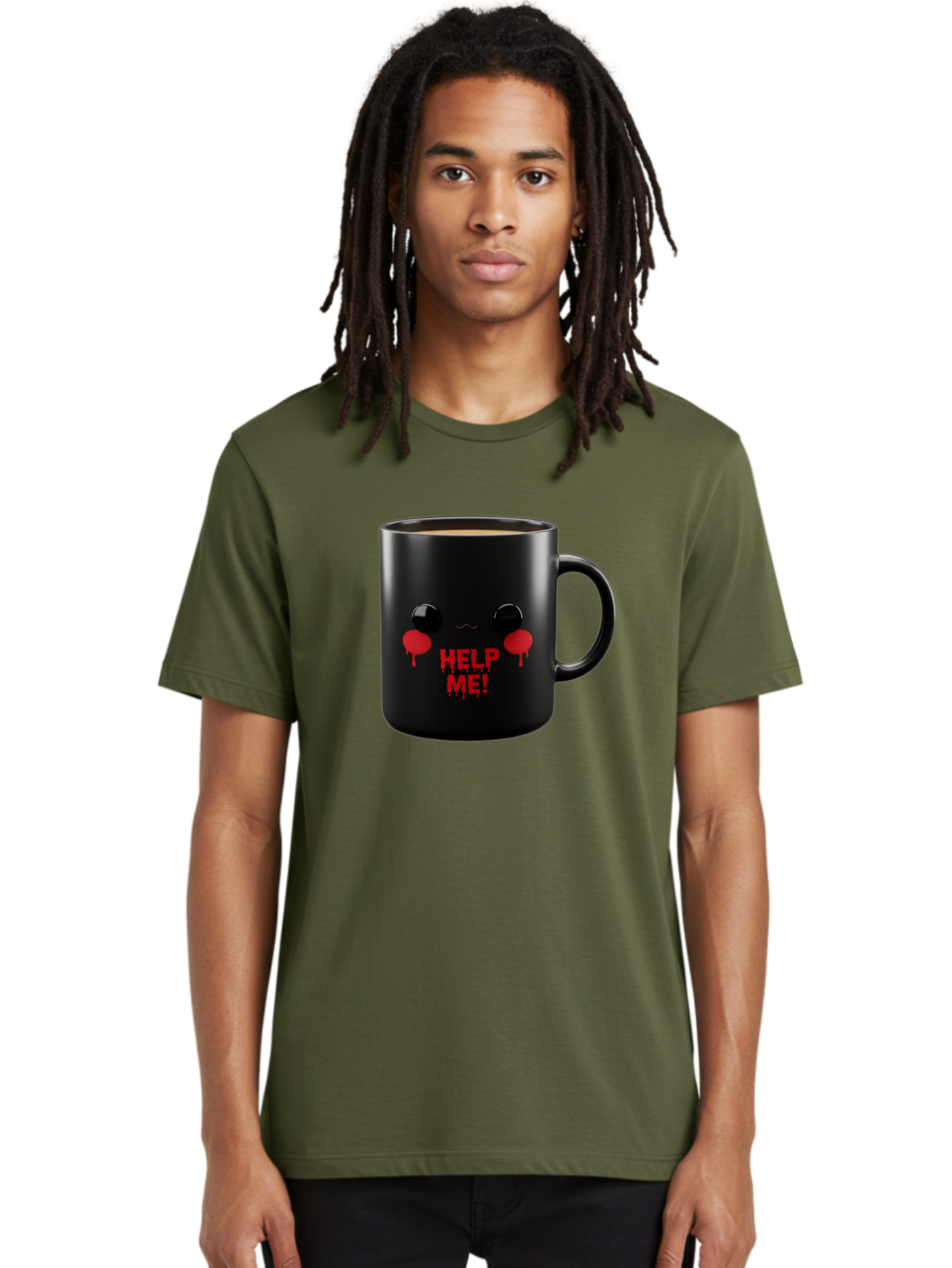 Help-Me-3 Men'S Graphic Tee, 100% Cotton, Comfortable Casual Summer Wear, Machine Washable, Black Coffee Mug, Cartoon Face, Red Tears, Distressed Design, Creepy Humor, Bold Graphics, Funny Mugs, Novelty Coffee Cups, Quirky Gifts, Eerie Decor Bac043