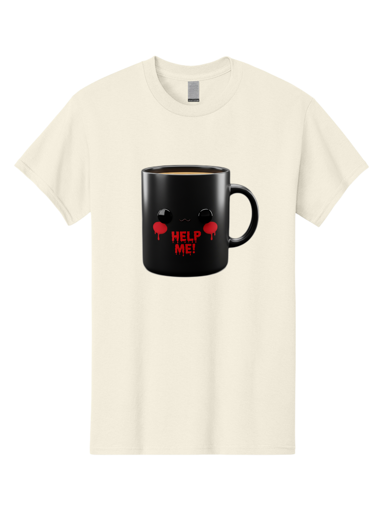 Help-Me-3 Men'S Graphic Tee, 100% Cotton, Comfortable Casual Summer Wear, Machine Washable, Black Coffee Mug, Cartoon Face, Red Tears, Distressed Design, Creepy Humor, Bold Graphics, Funny Mugs, Novelty Coffee Cups, Quirky Gifts, Eerie Decor Bac043