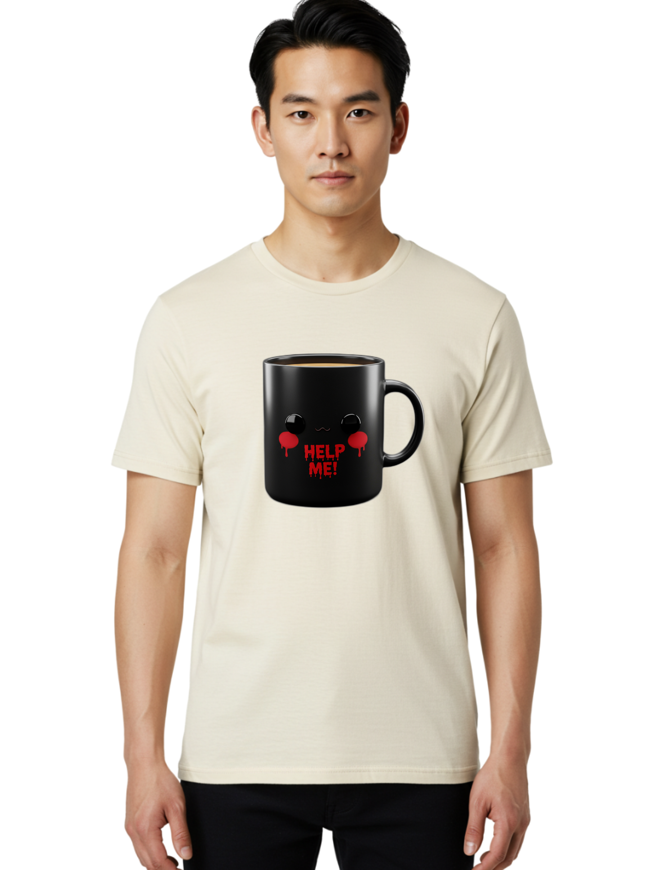 Help-Me-3 Men'S Graphic Tee, 100% Cotton, Comfortable Casual Summer Wear, Machine Washable, Black Coffee Mug, Cartoon Face, Red Tears, Distressed Design, Creepy Humor, Bold Graphics, Funny Mugs, Novelty Coffee Cups, Quirky Gifts, Eerie Decor Bac043