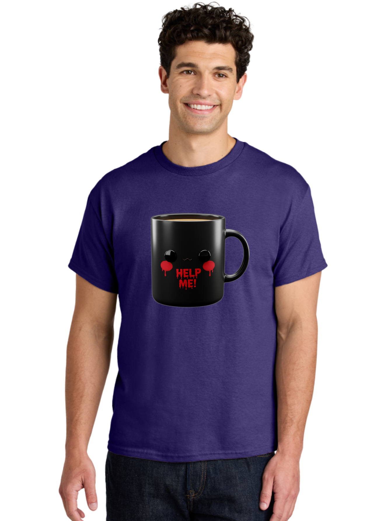 Help-Me-3 Men'S Graphic Tee, 100% Cotton, Comfortable Casual Summer Wear, Machine Washable, Black Coffee Mug, Cartoon Face, Red Tears, Distressed Design, Creepy Humor, Bold Graphics, Funny Mugs, Novelty Coffee Cups, Quirky Gifts, Eerie Decor Bac043