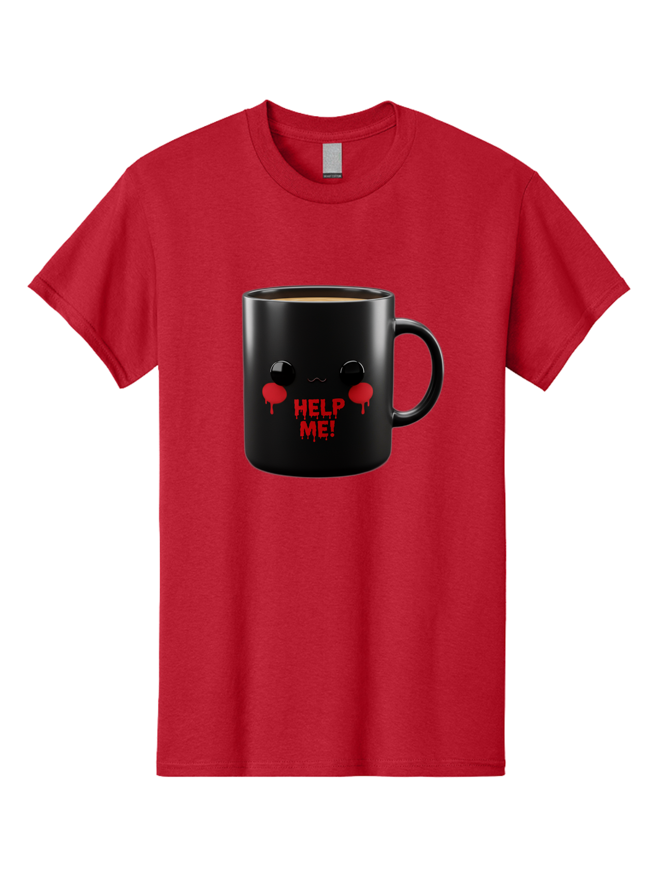 Help-Me-3 Men'S Graphic Tee, 100% Cotton, Comfortable Casual Summer Wear, Machine Washable, Black Coffee Mug, Cartoon Face, Red Tears, Distressed Design, Creepy Humor, Bold Graphics, Funny Mugs, Novelty Coffee Cups, Quirky Gifts, Eerie Decor Bac043